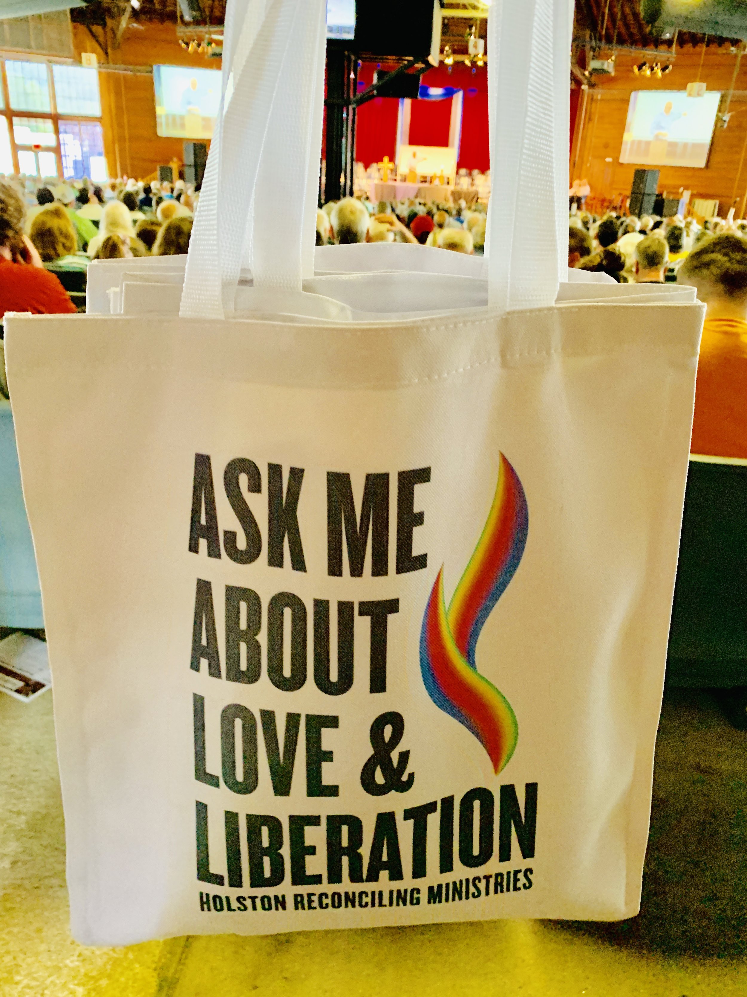  Progressive leaders in the Holston Conference carried totes full of buttons, ribbons, stoles and stickers. 
