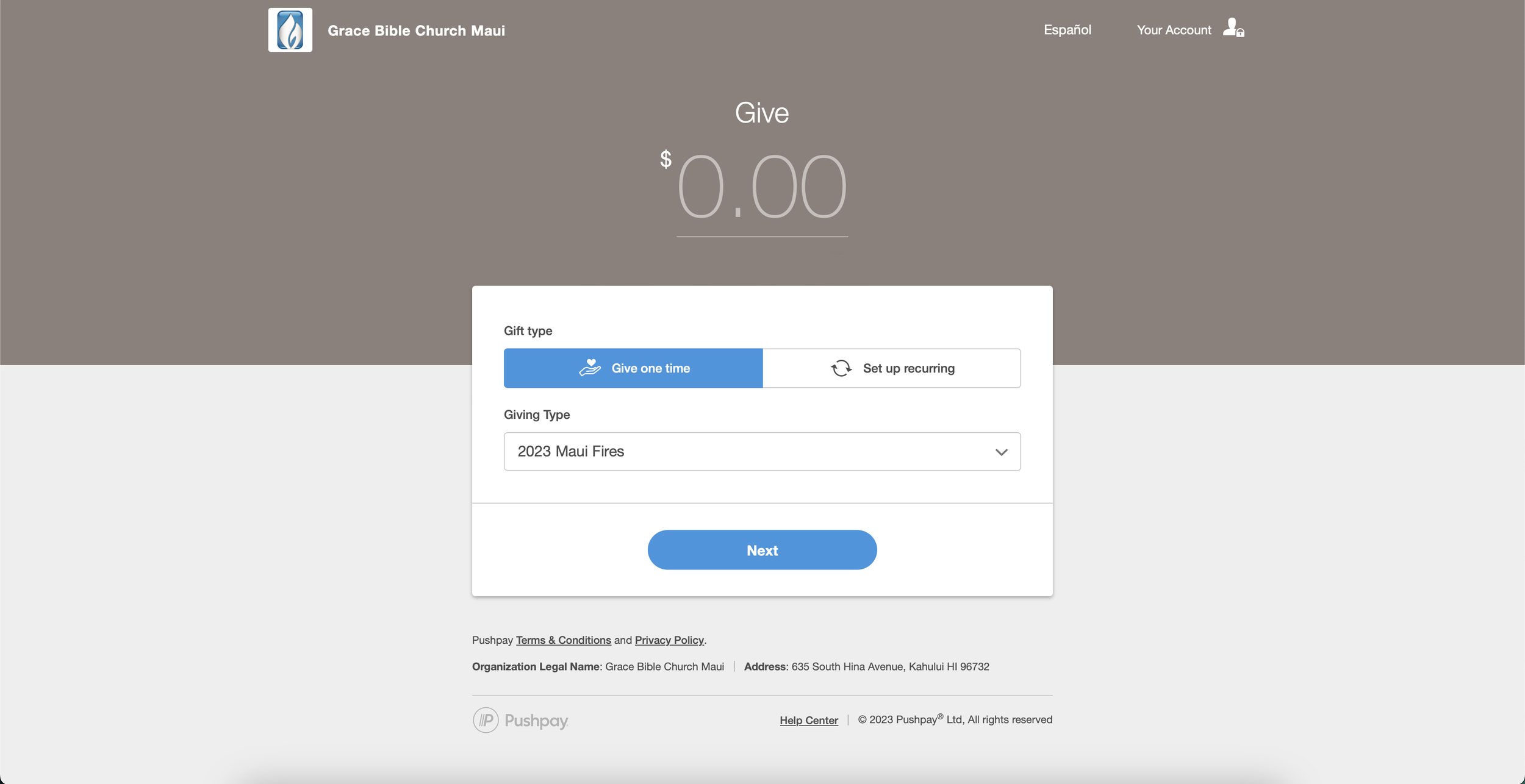 Pushpay screen for entering a gift and selecting the giving type