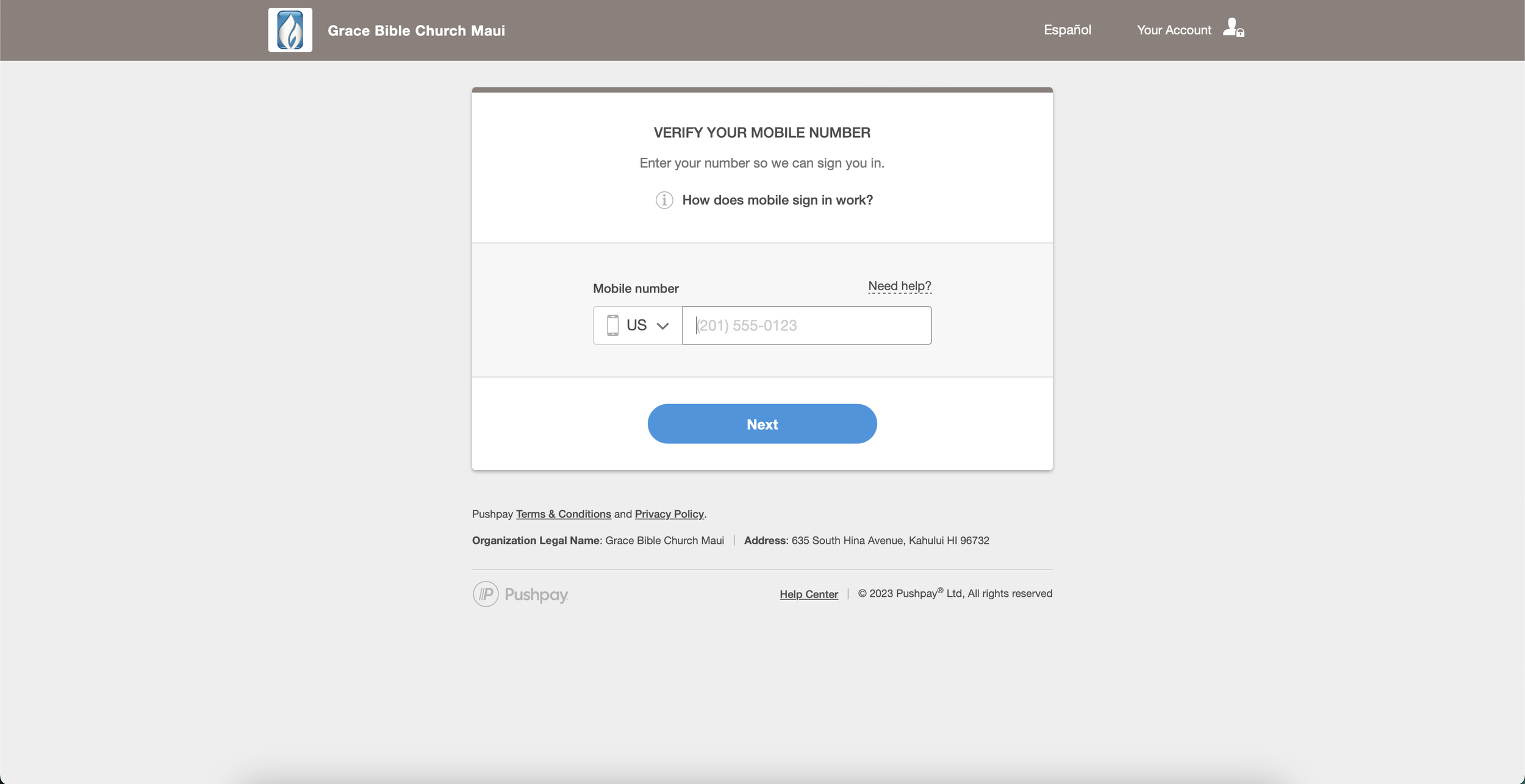 Pushpay mobile-number verification screen