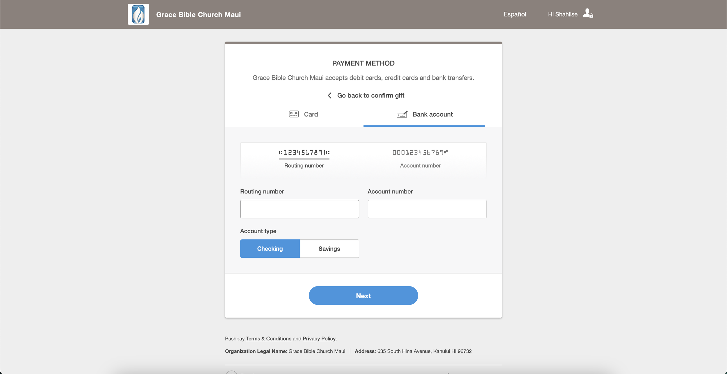 Pushpay bank-account screen with routing and account-number fields