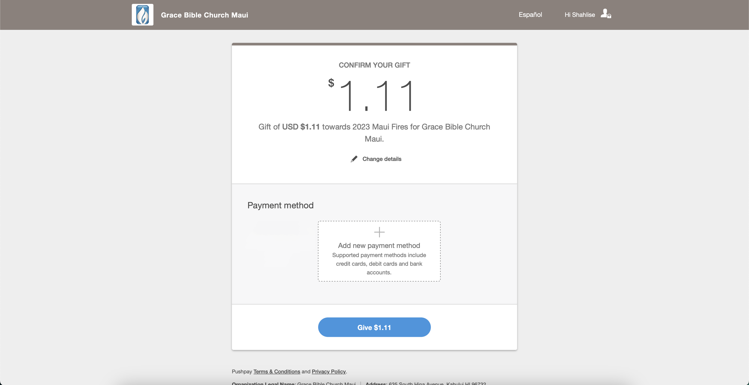 Pushpay confirmation screen with the option to add a payment method