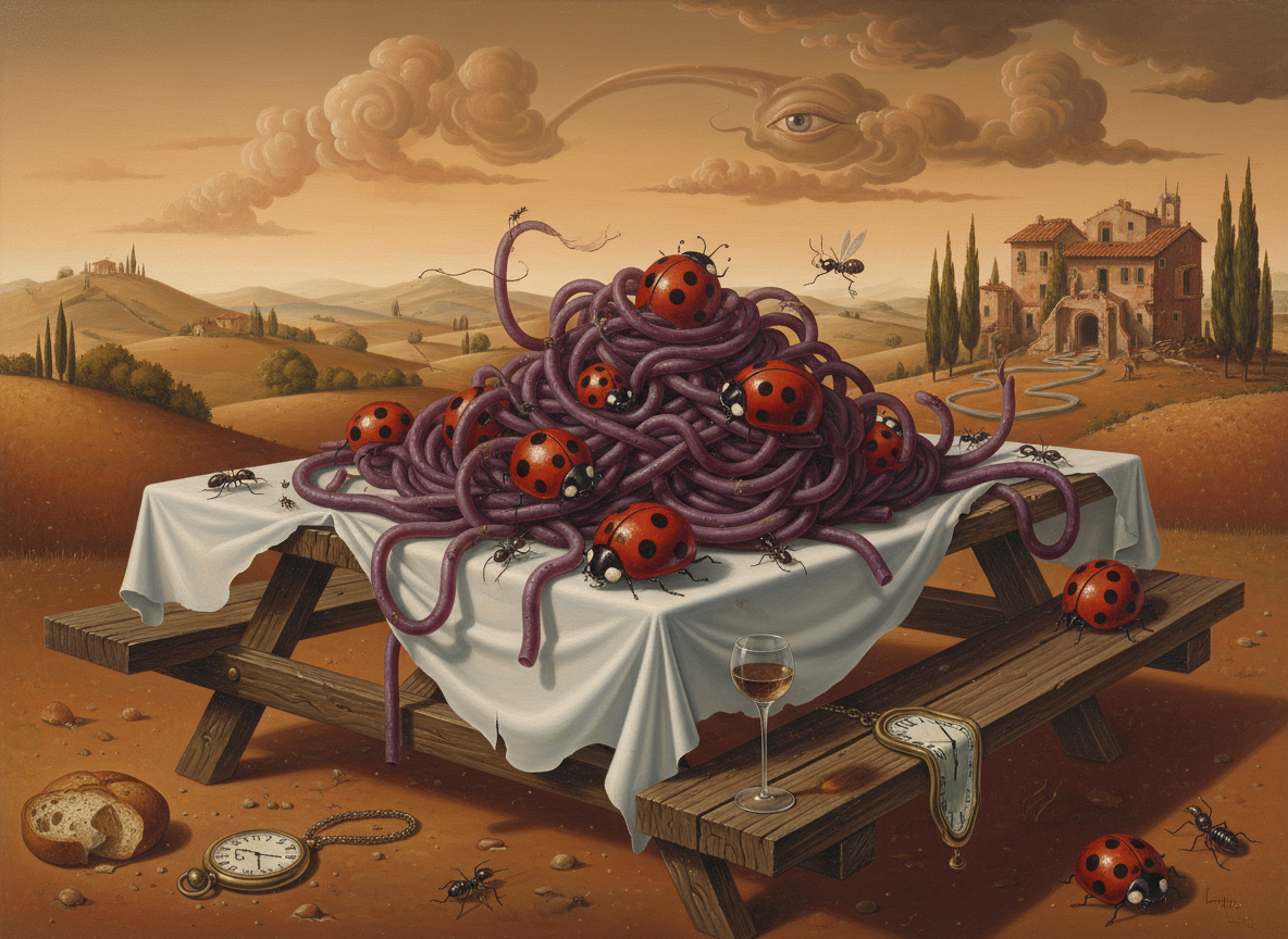Firefly_GeminiFlash_purple worm spaghetti with ladybug meatballs on a picnic table on a warm tuscan after 229091.png