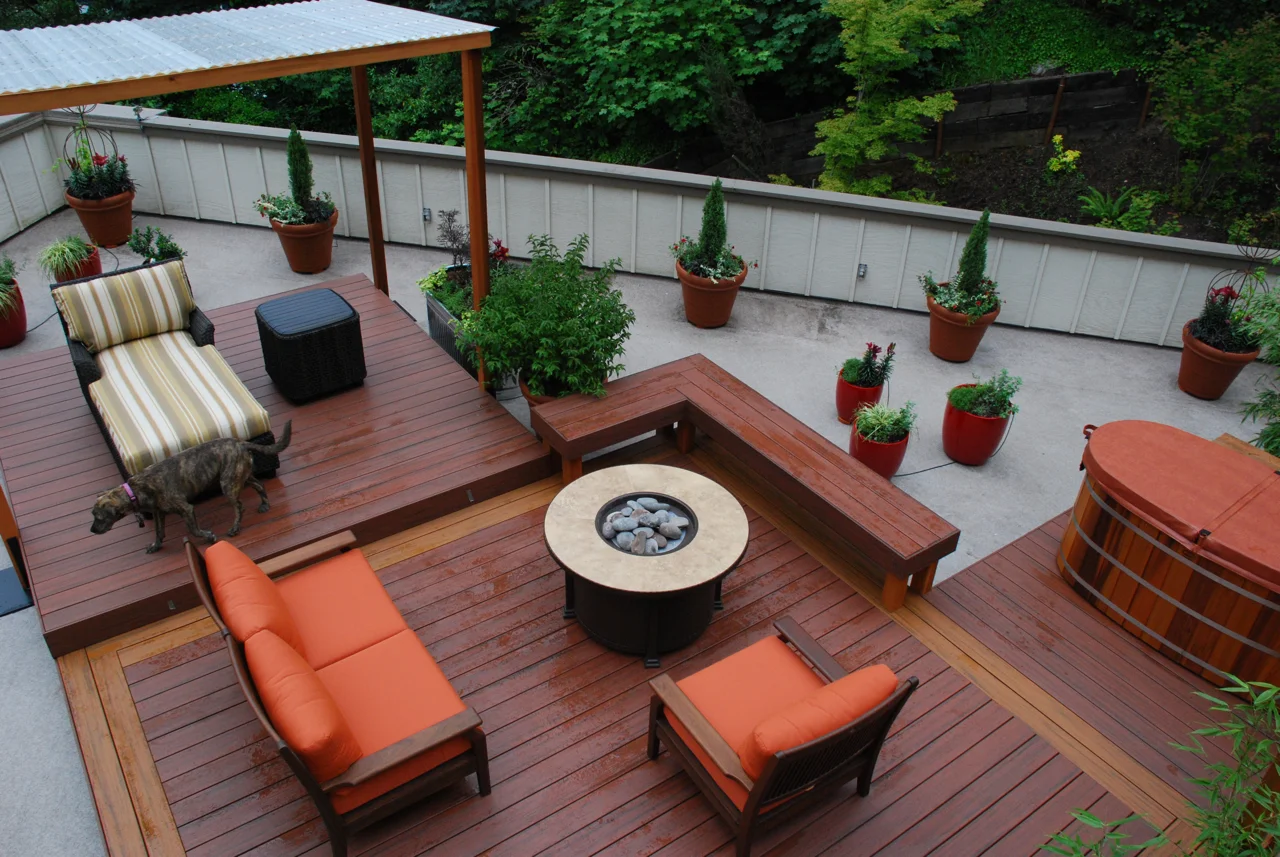 Rooftop After II. Fire Pit, Japanese soaking tub, composite decking, covered patio area.