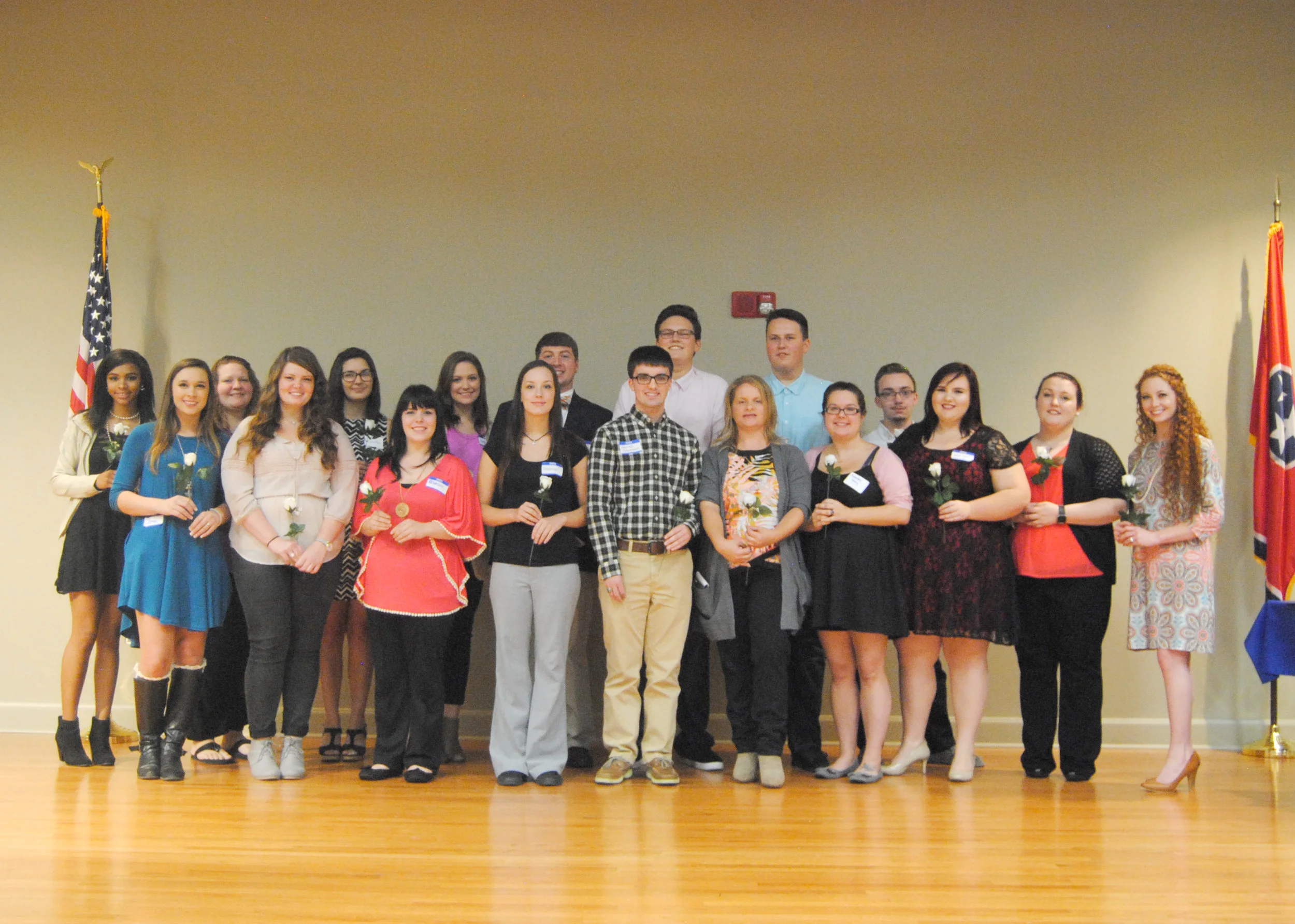 DSCC students inducted into the PTK honorary society include (front row L to R) Brooke Evans of Dyersburg, Lydia Hubbard of Covington, Rebecca Brown of Munford, Breanna Kelley of Drummonds, Garret Steelman of Halls, Wyndi Heavner of Munford, Kimberly Terry of Munford, Sarah Davis of Gilt Edge, Rachel Isaak of Gates, Jordan Weaver of Brighton, (back row L to R) Kayla Bowie of Trenton, Maranda McCormick of Alamo, Lauren Juarez of Brighton, Haley Russell of Brighton, Evan Montgomery of Atoka, Nicholas Johnston of Munford, Brandon Johnston of Munford, and Patrick Copps of Dyersburg.