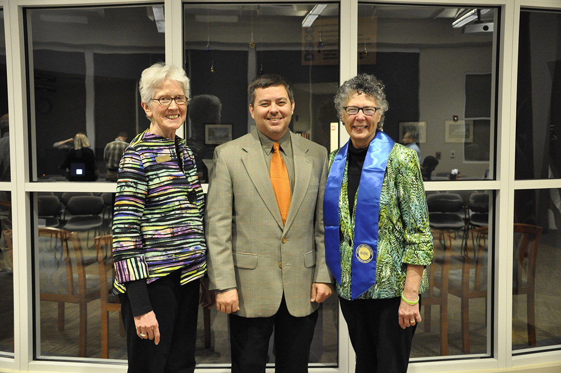 Dr. Karen Bowyer, president of DSCC, Dr. Brigham Scallion, instructor of Biology at DSCC and PTK Chapter Advisor, and Dr. Teri Maddox, vice president for the College, pose for a photo during DSCC’s 2017 Induction Ceremony March 17. Maddox was presented with a stole of gratitude from the PTK leadership team for her unwavering support to PTK over the past few years.