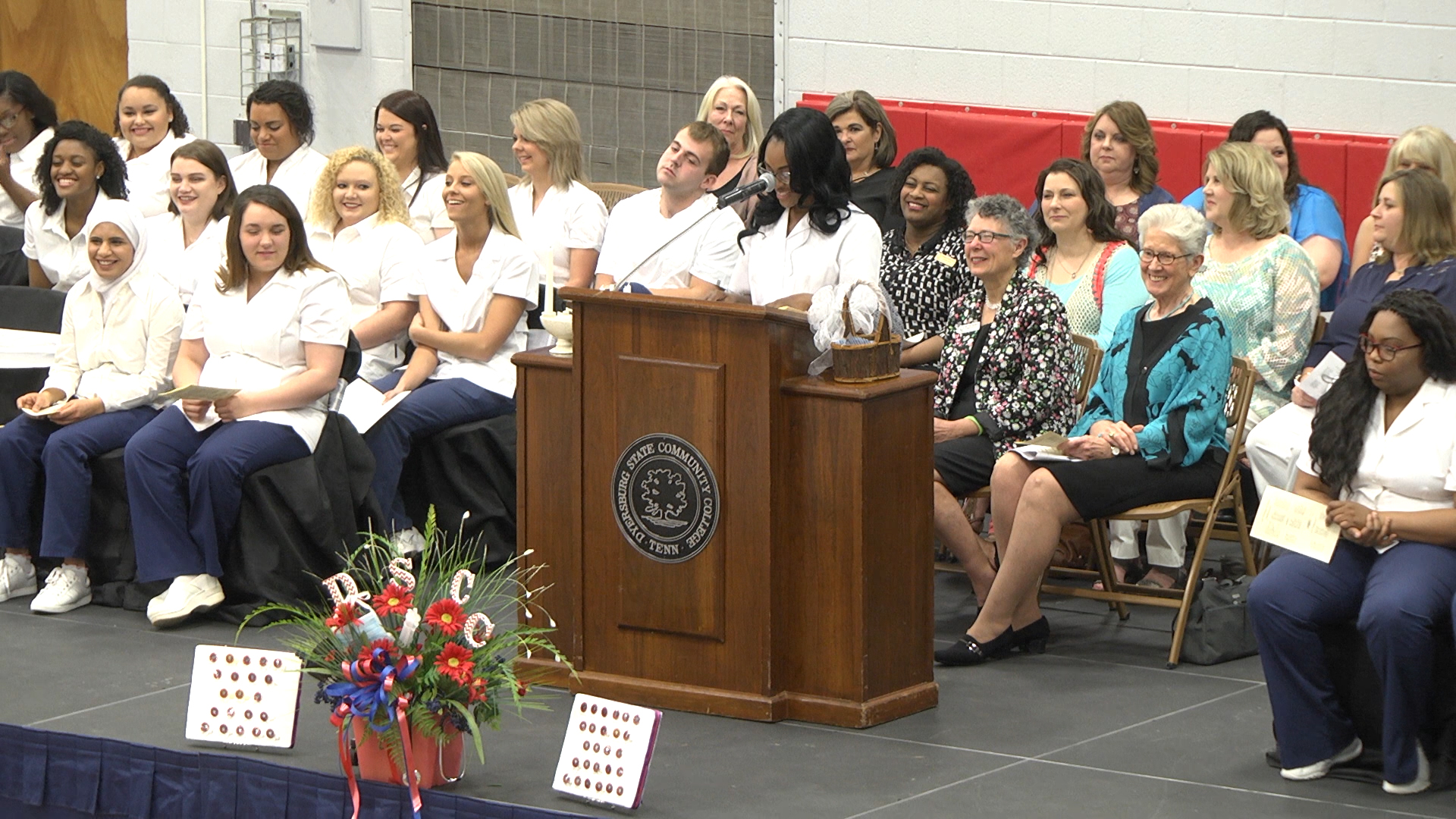 Traditional nursing class president Ashley Barnes of Henning addressed her fellow classmates during DSCC’s nursing pinning May 6.