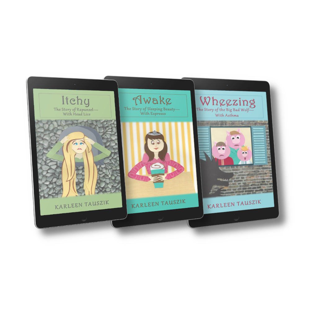 Tangled Tales trilogy of short stories Itchy the story of Rapunzel with head lice, awake the story of sleeping beauty with espresso, and Wheezing the story of the big bad wolf with asthma