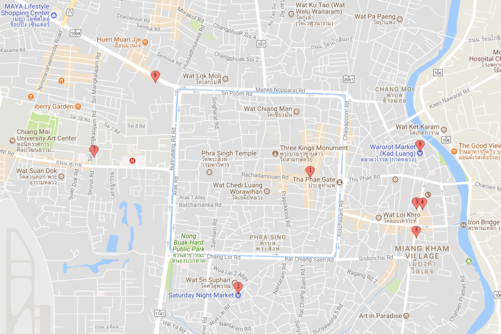 1. Sunday Night Market; 2. Saturday Night Market (Wualai); 3,4,5. Kalare Night Bazaar, AnuSARN Market and Chiang Mai Night Bazaar; 6. Central Kad Suan Kaew – Night Market; 7. Suandok Park Market; 8. Warorot Market