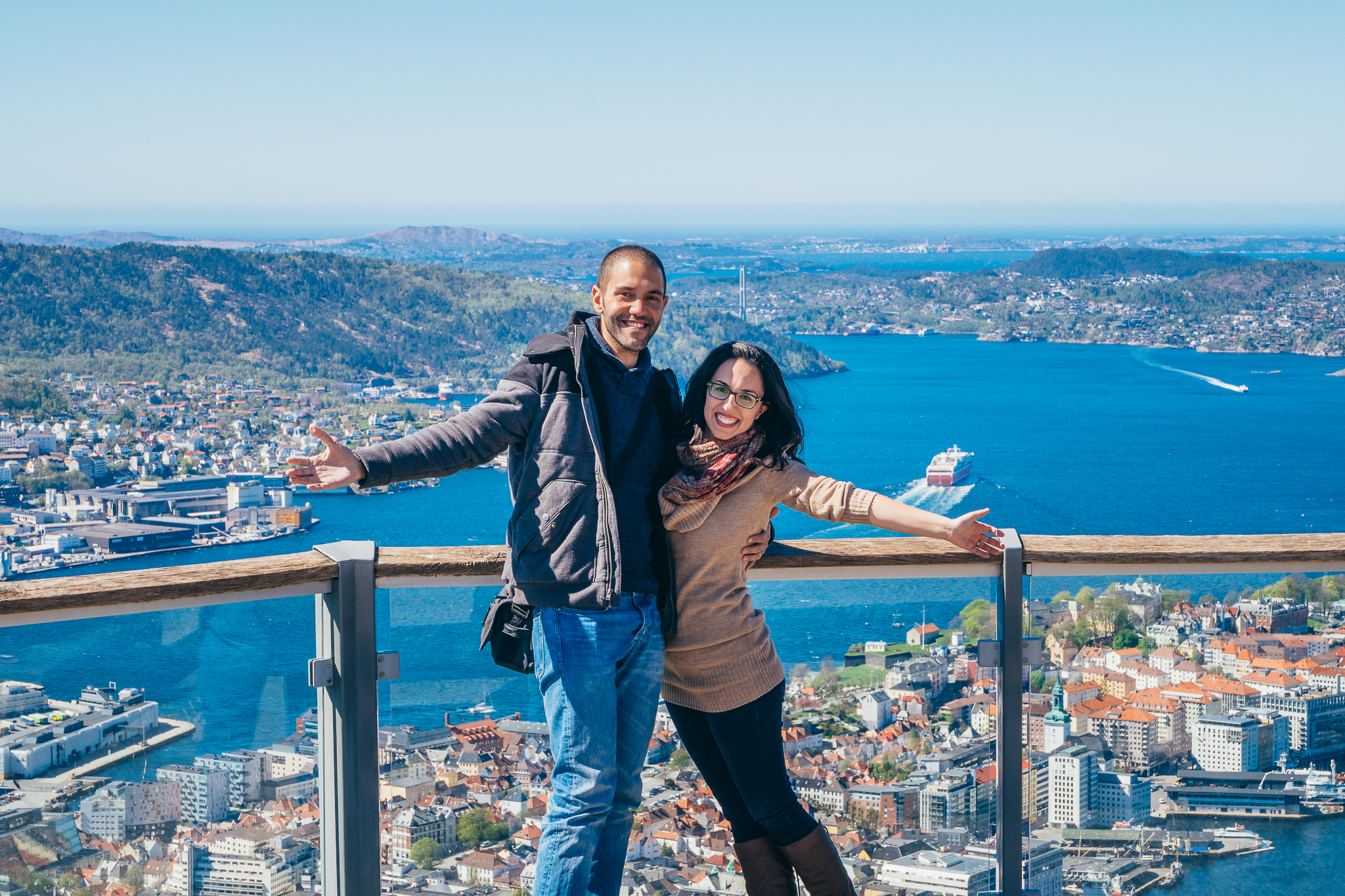 Norway spoiled us as a first stop — the views, the city, and the people. This is the viewpoint of Bergen after riding up the Floibanen cable car. 