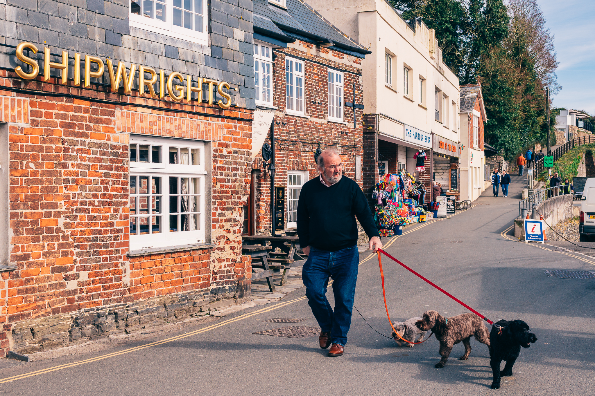 We noticed even more dogs in Padstow: it seemed like every other person was attached to a dog (or three).