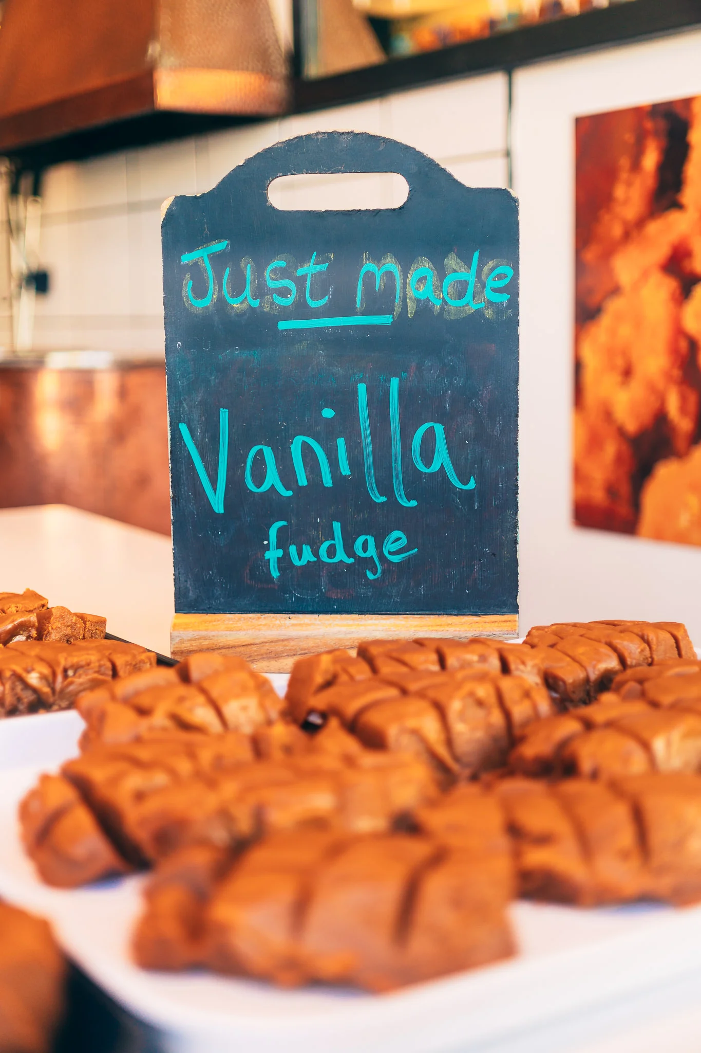 This is freshly made and looks different from the finished product – we promise the variety of fudge flavors they have is delicious and looks amazing... We just ate it too quickly to properly photograph it.