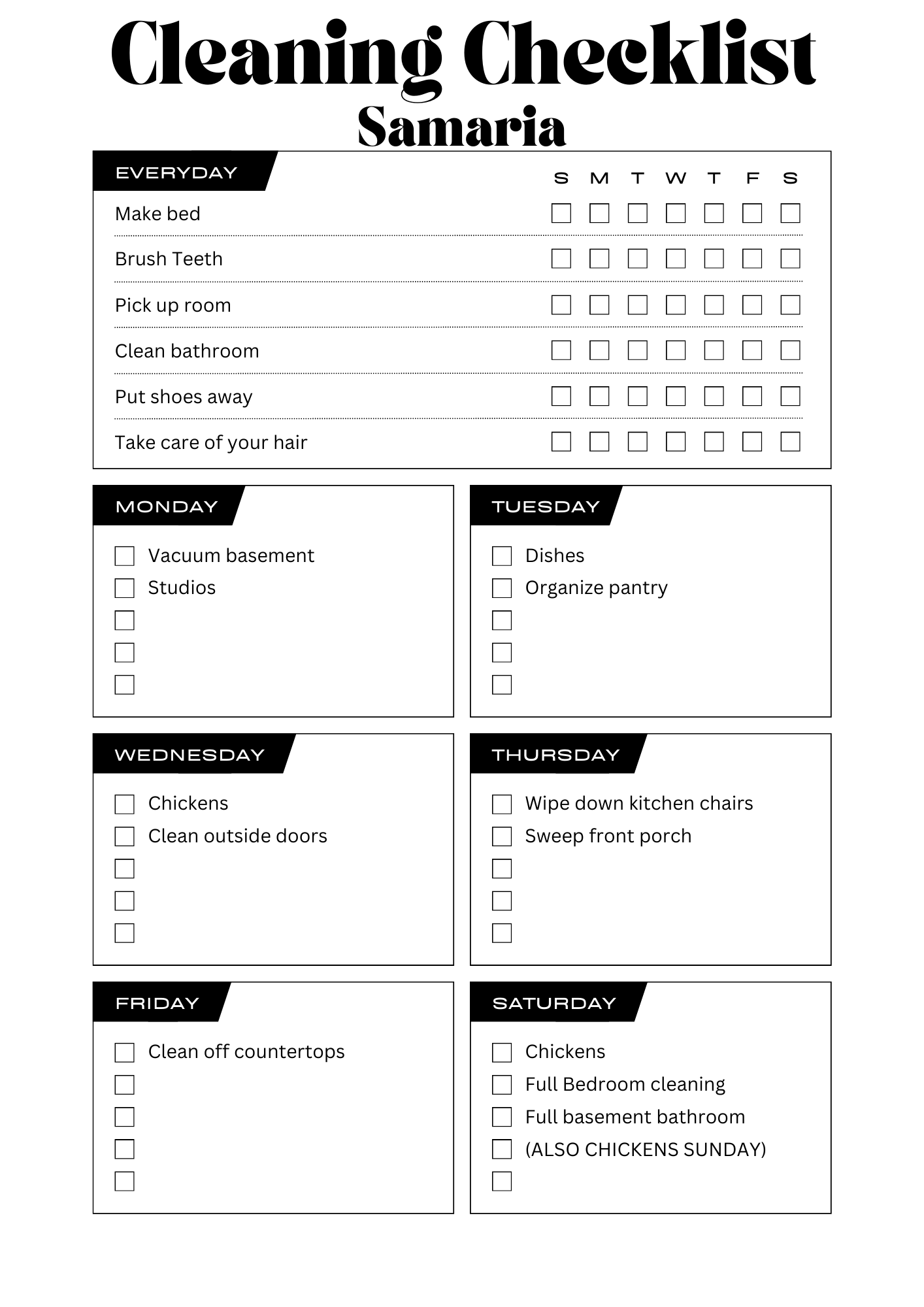 Weekly Cleaning List