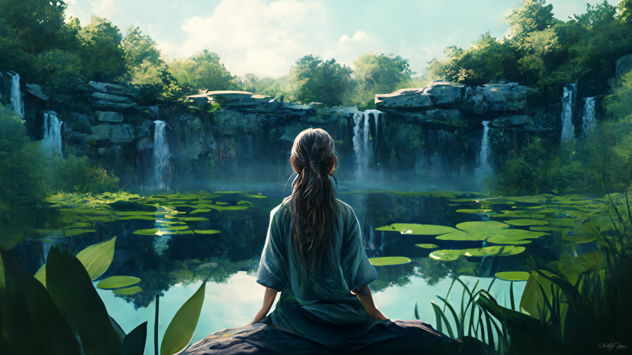 cjonesM4_woman_meditating_from_behind_floating_green_plants_pon_eb35d2ff-3b2e-45e6-a8a5-a15a40464f92.png