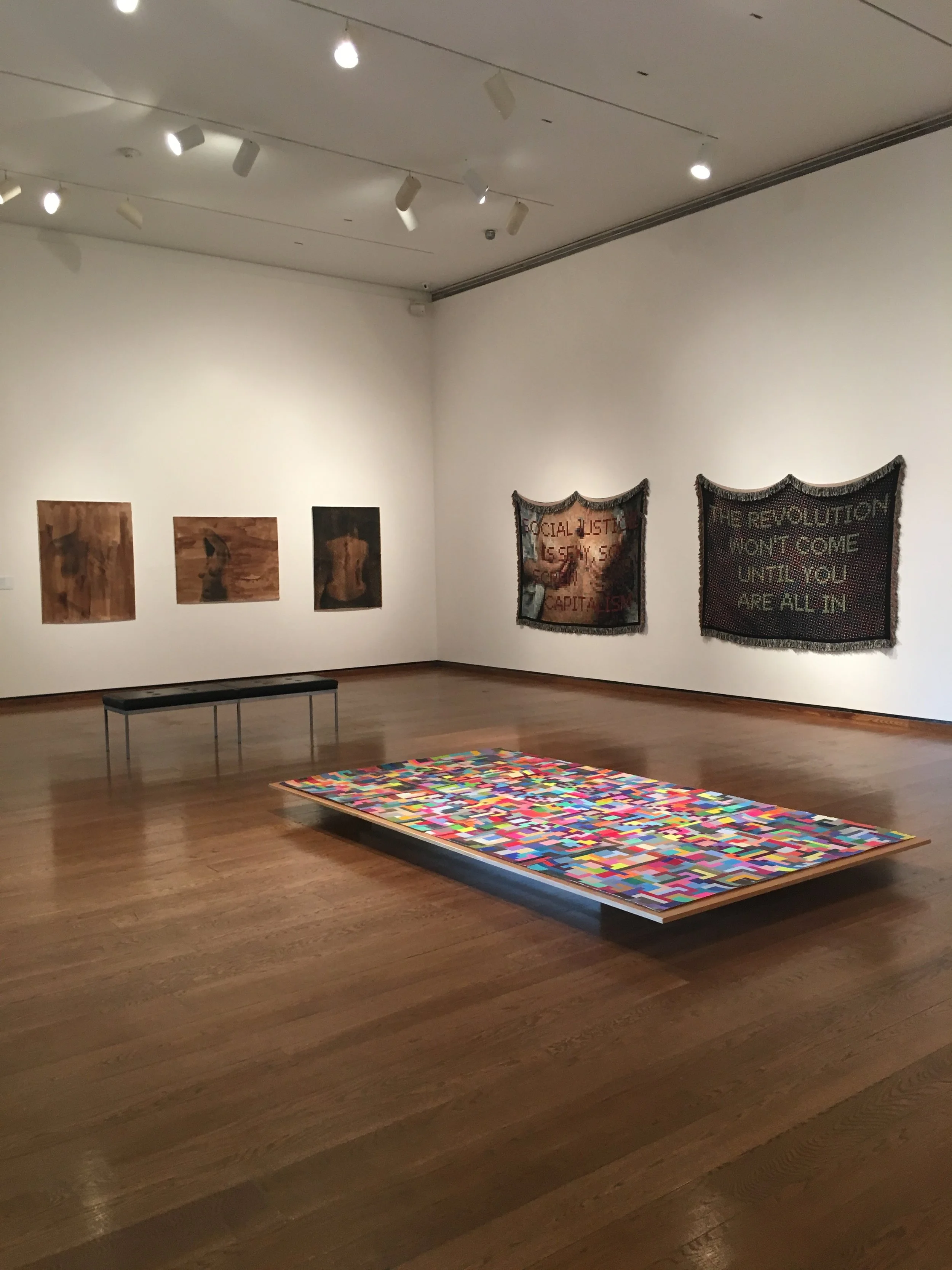  Installation shot of  Absence 1, 2,  and  3  ,  Social Justice is Sexy,   Revolution Won't Come  and  Free Pussy  from "Slogans from the Revolution that never was" part of Seem and Heard at the Everson Museum, Syracuse NY. June 10- August 29, 2017 