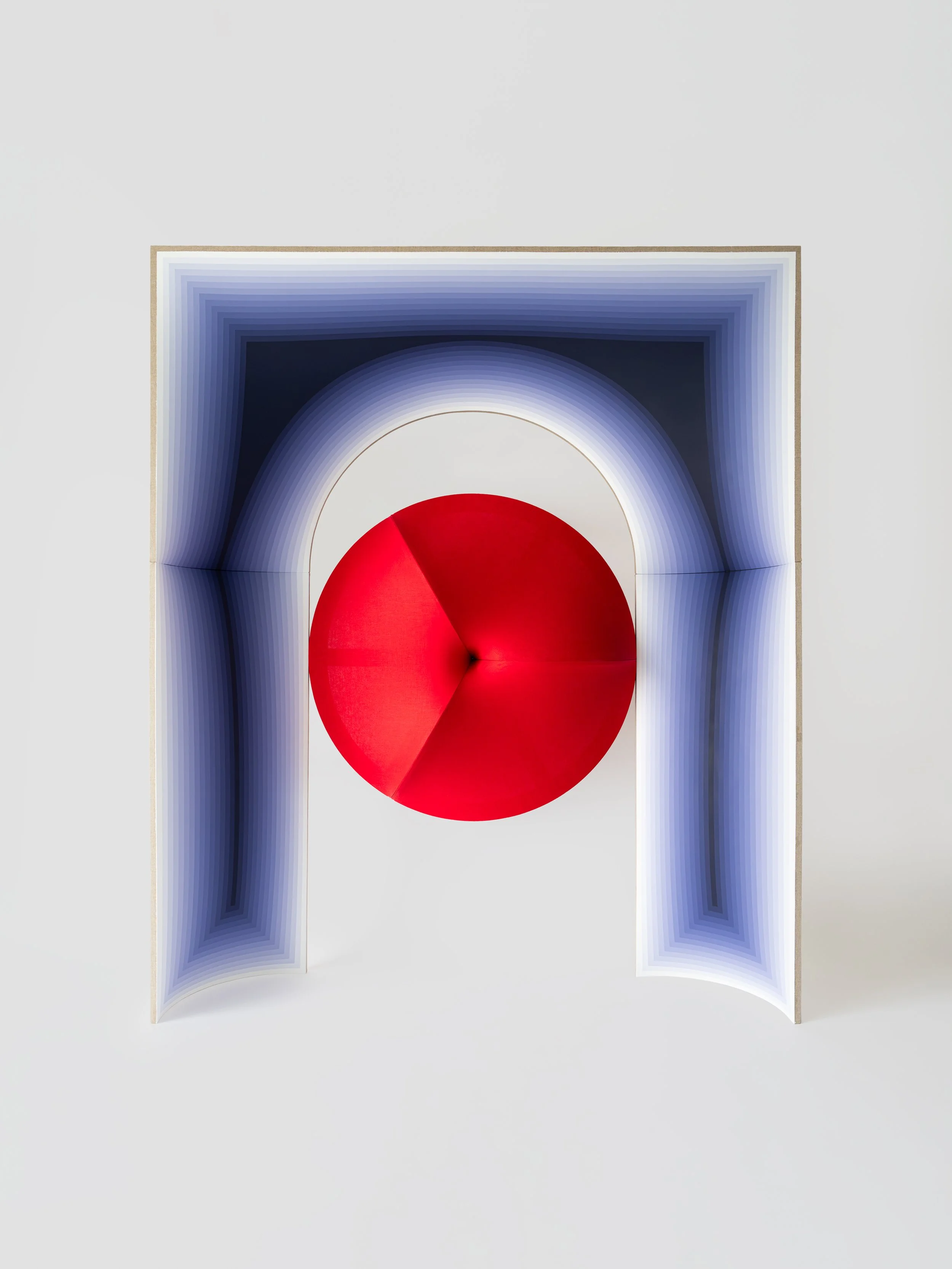   SUSPENDED GRAVITY     Category:   Architectonic Painting | Spatial Installation   Medium:   Acrylic on dyed linen, structured by architectonic wooden frames   Dimensions:   W 144 × H 177 × D 30 cm   Year of Execution:   2024–2025 