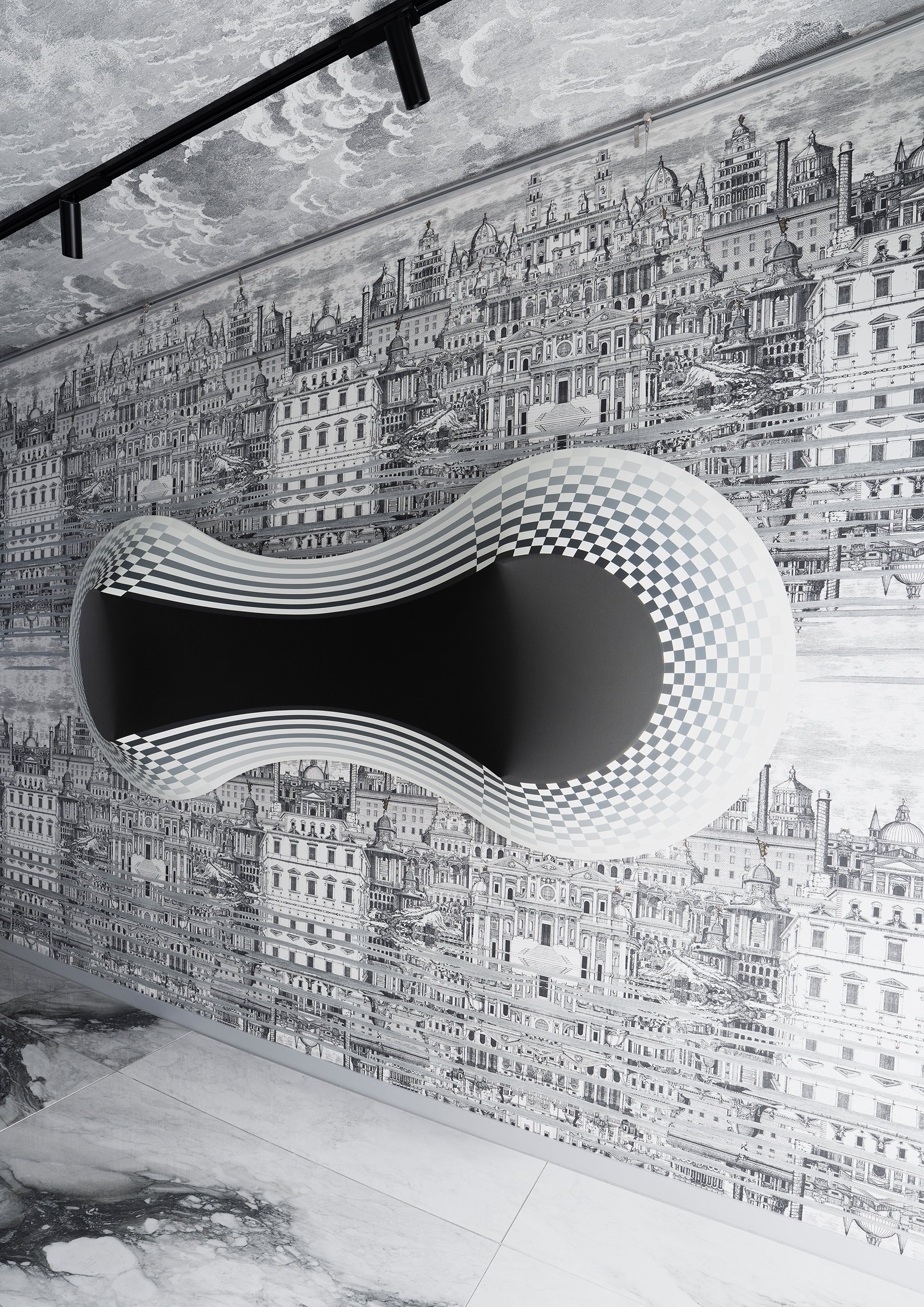   Concept Description    STRETCHING (in)TENSION  gives form to spatial curvature and extension through tension.  Within the work, a single sheet of linen spans an architectonic wooden frame, forming a continuous membrane that expands at both ends and