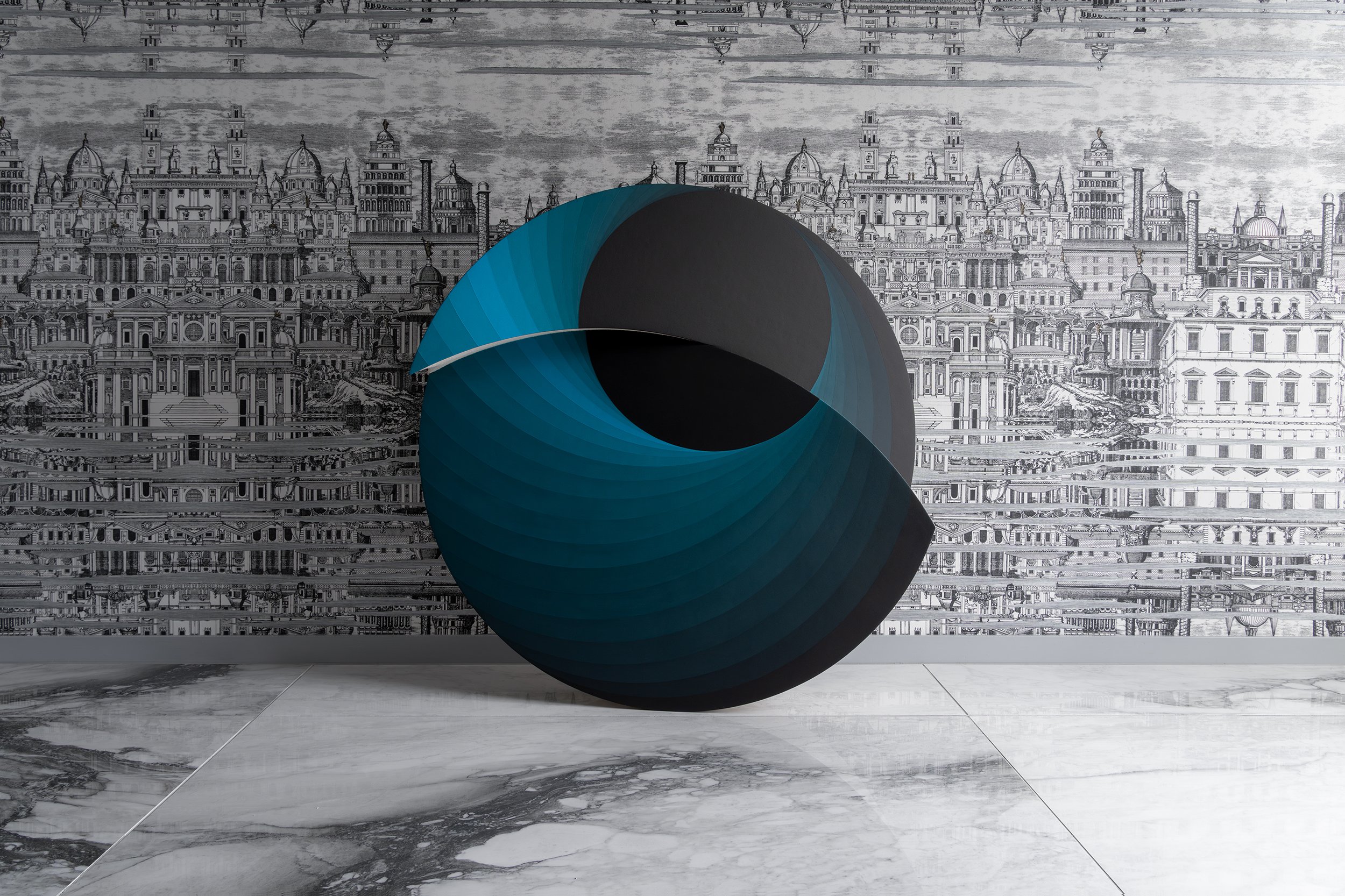   DYNAMICAL COUNTERPOINT I     Category:   Architectonic Painting   Medium:   Acrylic on linen, structured by architectonic wooden frames   Dimensions:   Ø 90 × D 18 cm   Year of Execution:   2024 