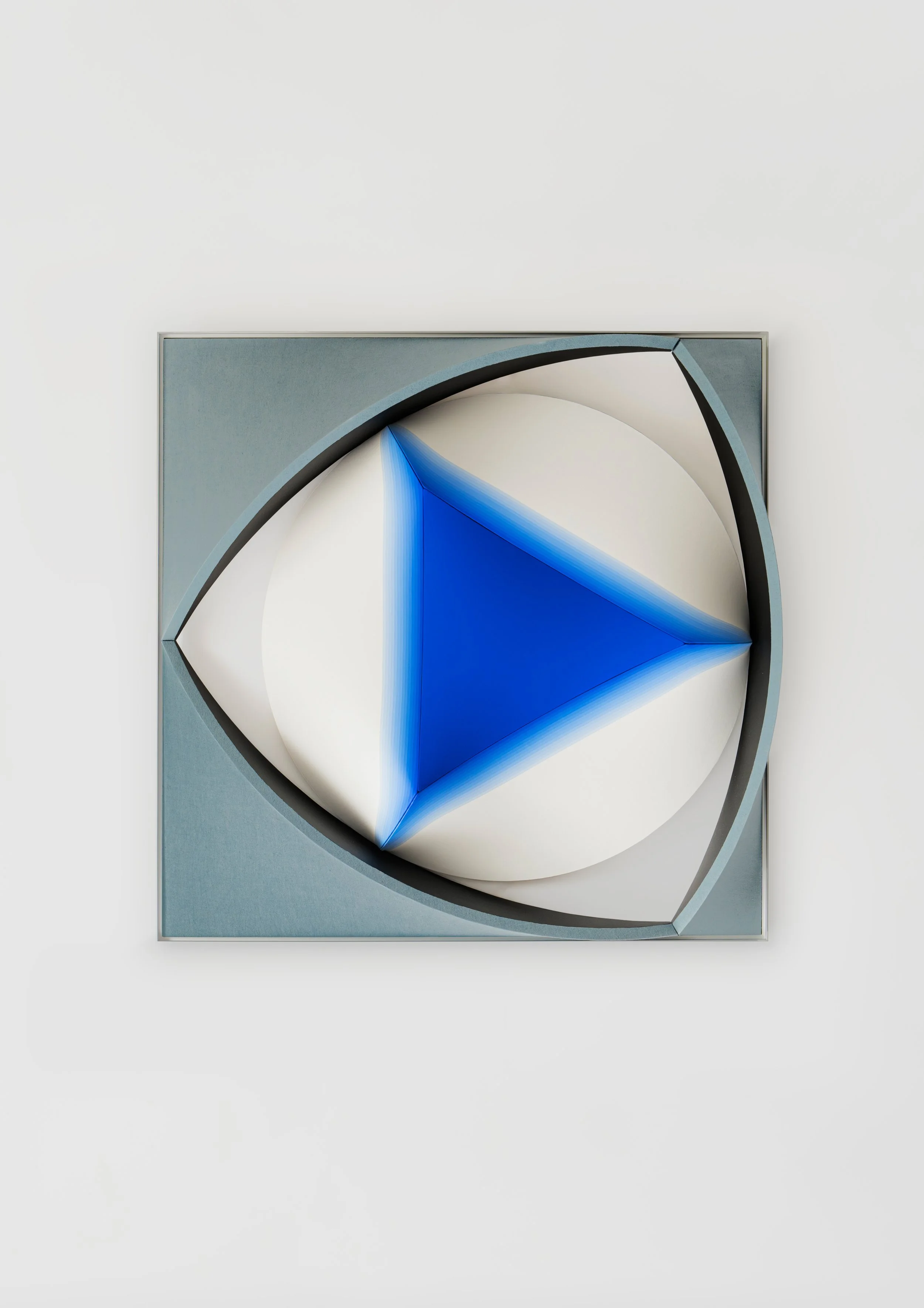   GEOMETRY OF RESTRAINT— Triangle inside Circle inside Reuleaux Triangle inside Square      Category:   Architectonic Painting   Medium:   Acrylic on dyed linen, structured by architectonic wooden frames   Dimensions:   W 108 × H 108 × D 15.5 cm&nbsp