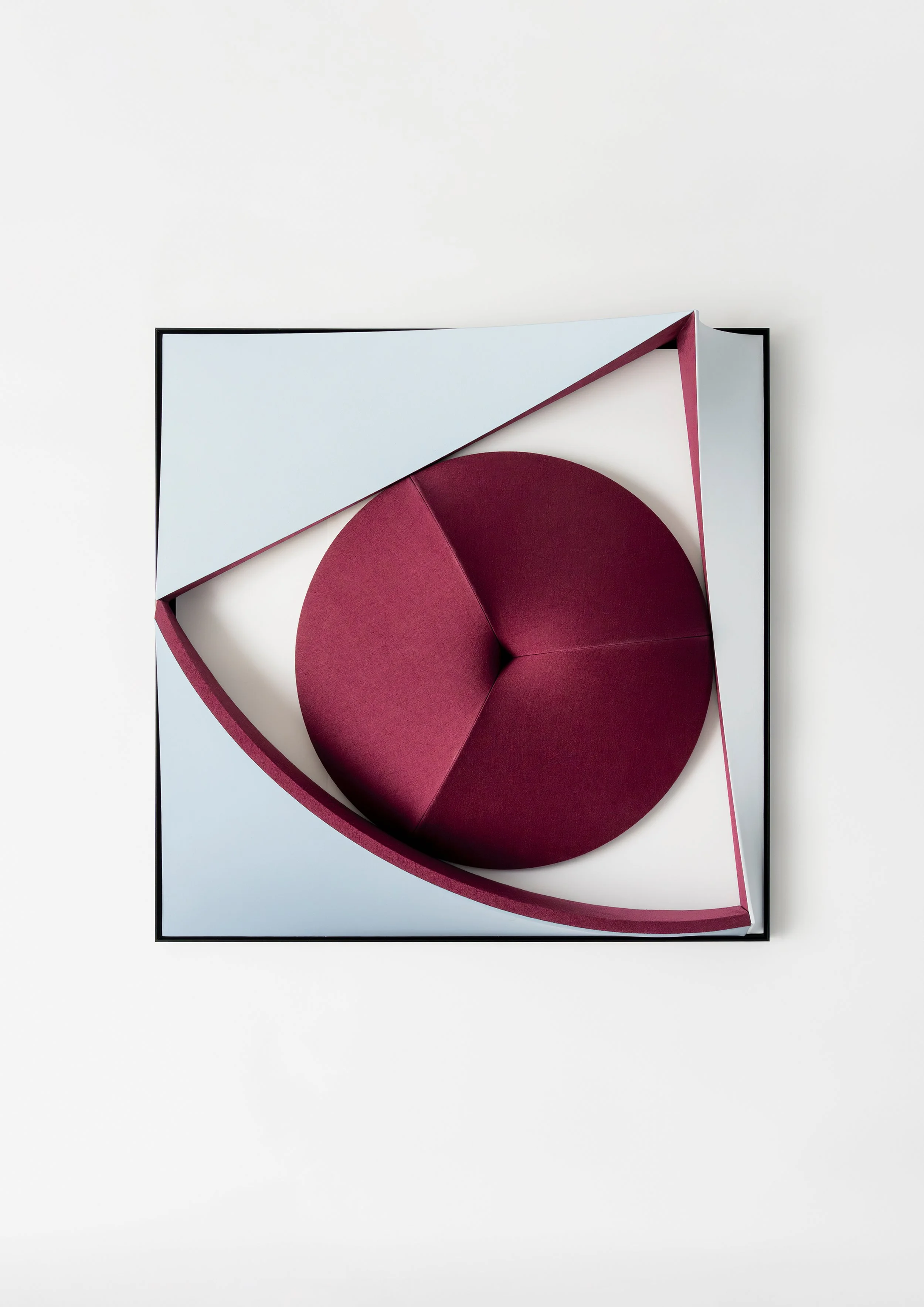   GEOMETRY OF RESTRAINT— Circle inside Sector inside Square      Category:   Architectonic Painting   Medium:   Acrylic on dyed linen, structured by architectonic wooden frames   Dimensions:   W 102 × H 102 × D 17 cm &nbsp;    Year of Execution:   20