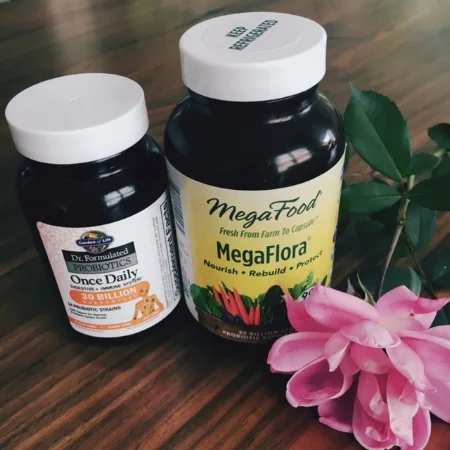 Here are the probiotic supplements currently in my refrigerator: Garden of Life Probiotics Once Daily (30 Billion CFUs) and MegaFood MegaFlora (20 Billion CFUs) .