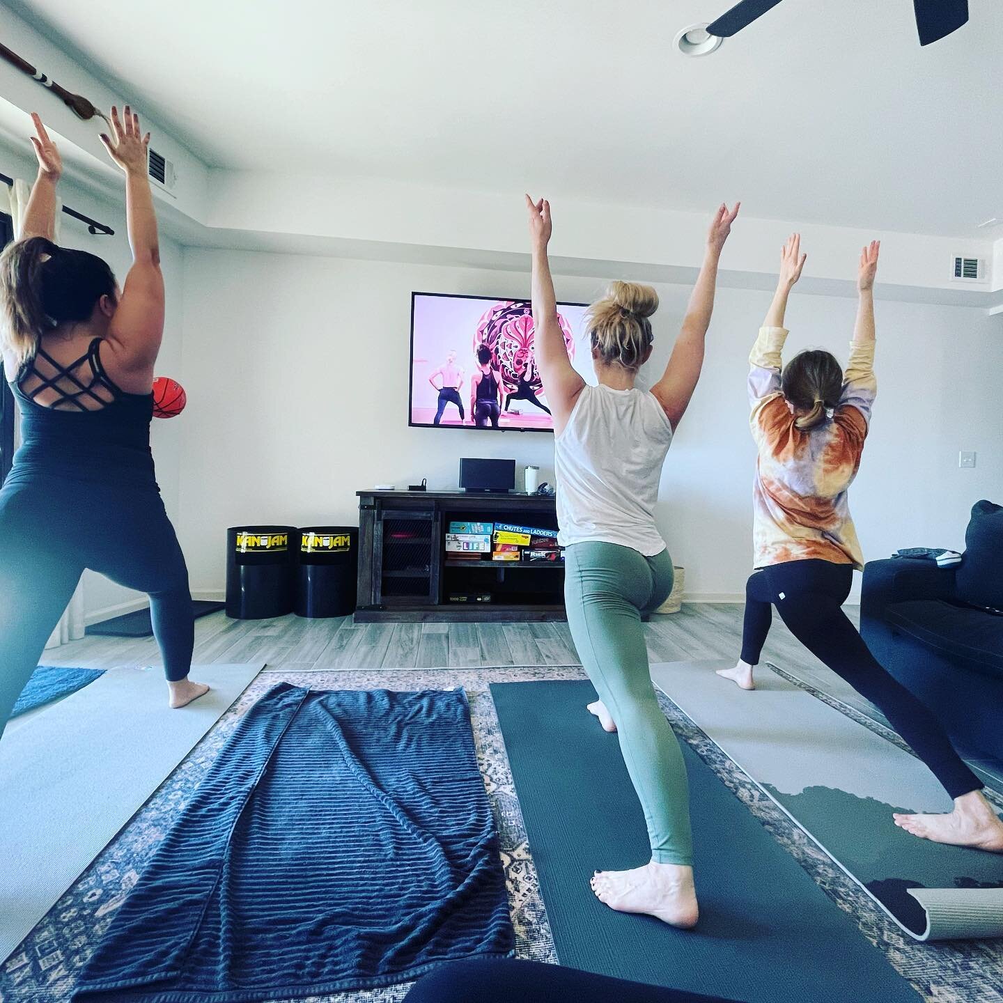 Girls&rsquo; weekend at the lake. Face masks, dancing on the dock, online shopping clean makeup, cooking vegan black bean meatballs, yoga with @nedadraupadi @toughloveyoga &hellip; and lots of wine. Hey, it&rsquo;s all about balance people. &hearts;️