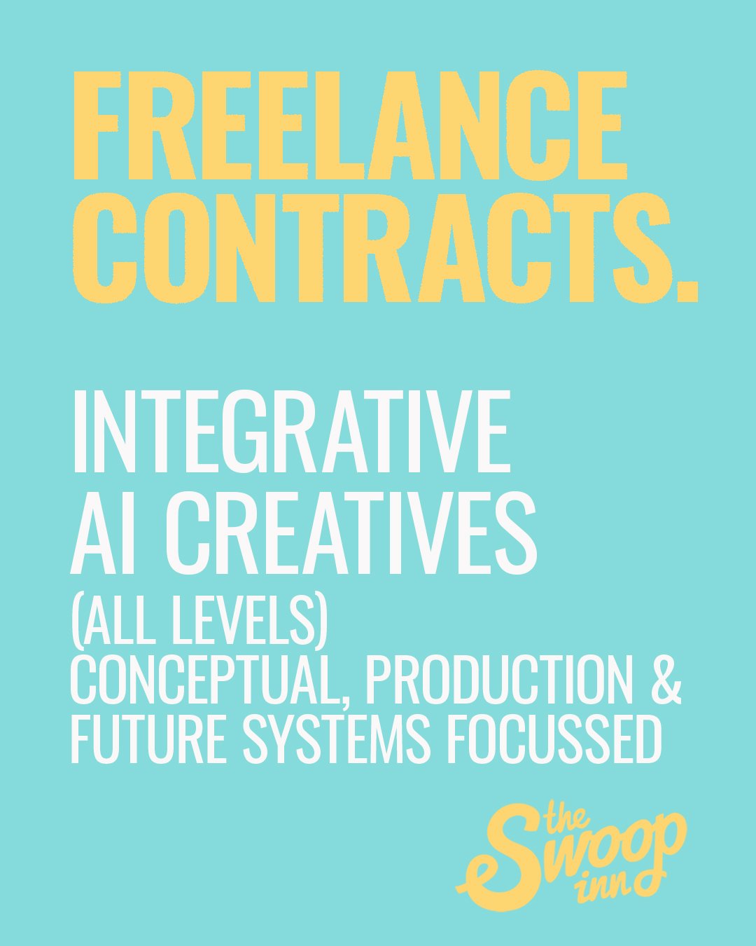 A call out to all talented Integrative AI Creatives (all levels) for freelance contracts with our exciting &amp; varied client list. Check out our jobs page for more.
#theswoopinn