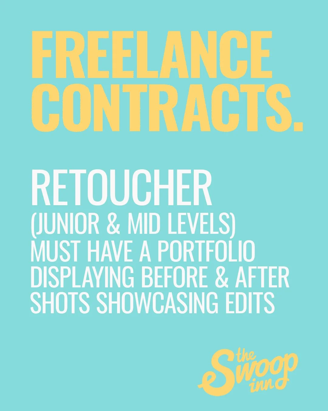 Now hiring Retouchers (junior &amp; mid level) for freelance creative contracts.
Check out our jobs page for more... https://theswoopinn.com/jobs