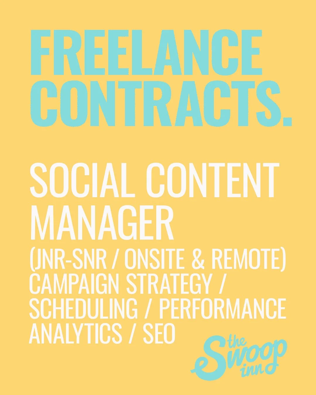 Now hiring Social Media Content Managers for freelance creative contracts.
Check out our jobs page for more... https://theswoopinn.com/jobs