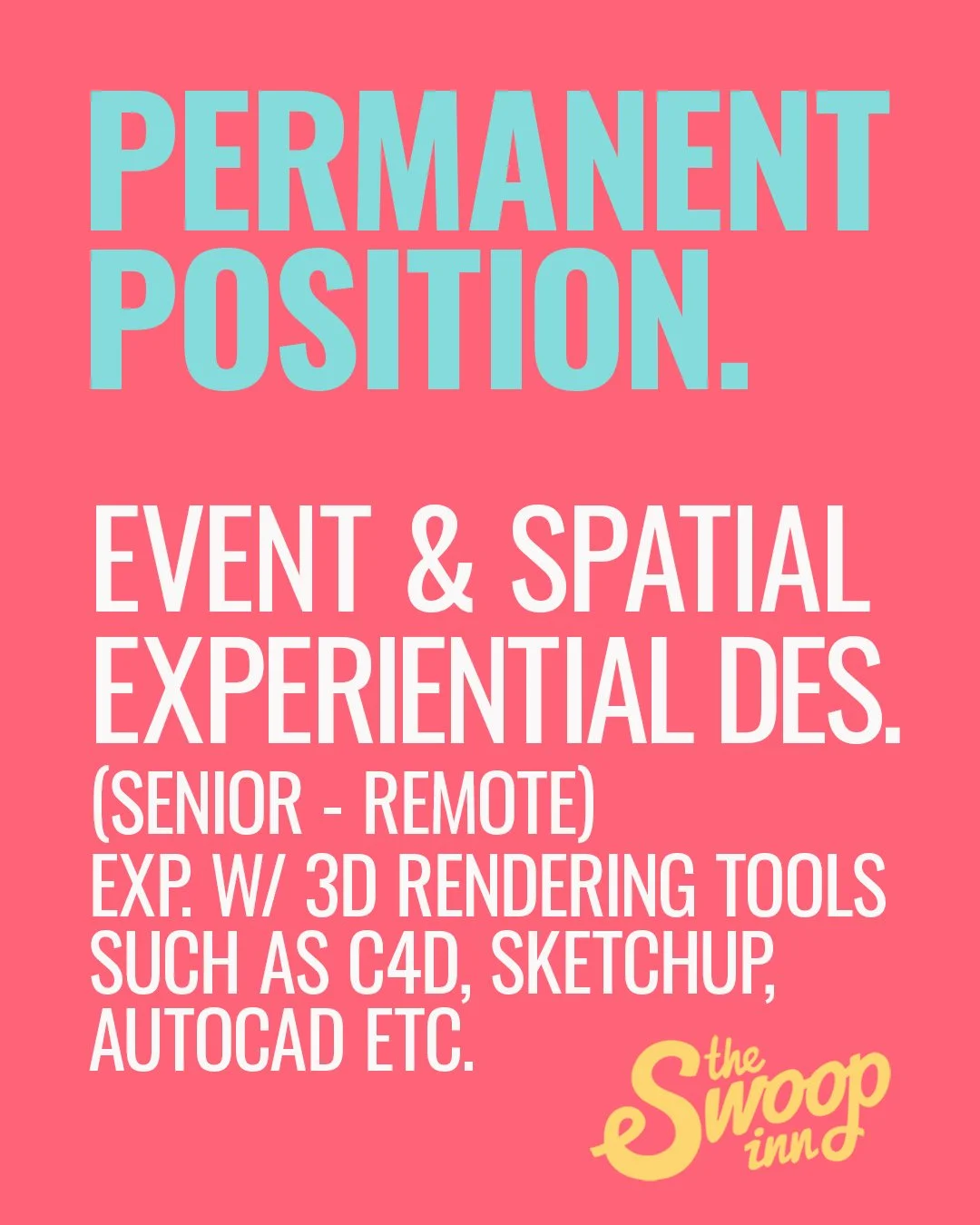 Now recruiting a permanent Experiential Event &amp; Spatial Designer (Remote/Sydney).
Check out our jobs page for more... https://theswoopinn.com/jobs