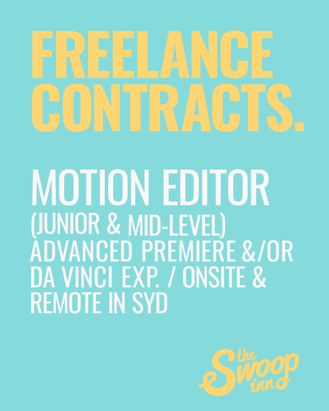 Now hiring Motion Editors (junior &amp; mid) for freelance creative contracts.
Check out our jobs page for more... https://theswoopinn.com/jobs