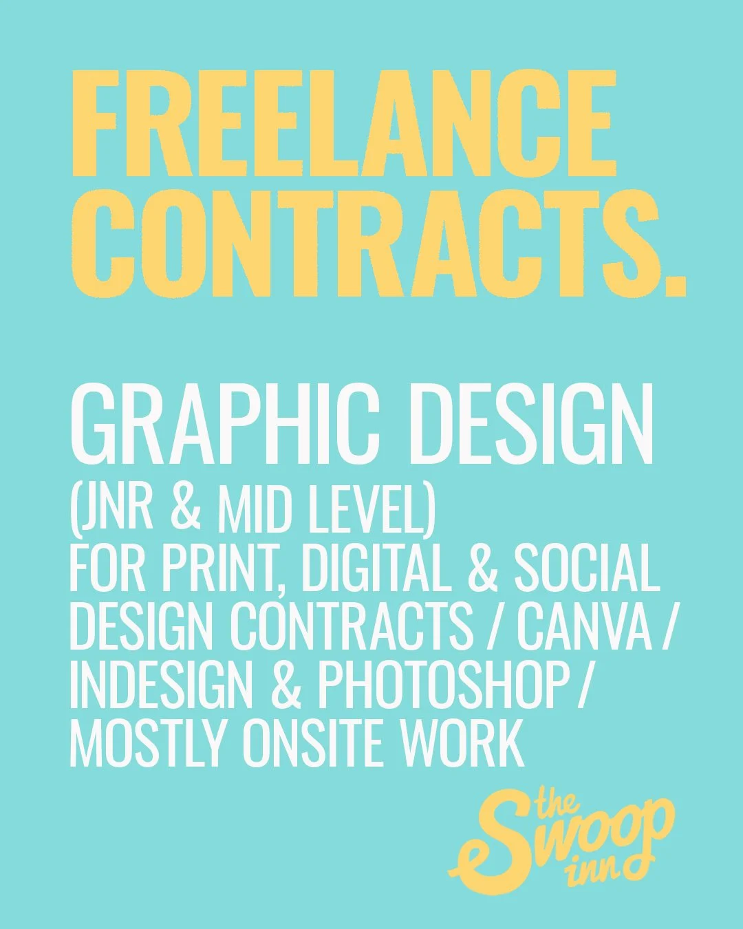 Now hiring Graphic Designers (junior &amp; mid) for freelance creative contracts.
Check out our jobs page for more... https://theswoopinn.com/jobs