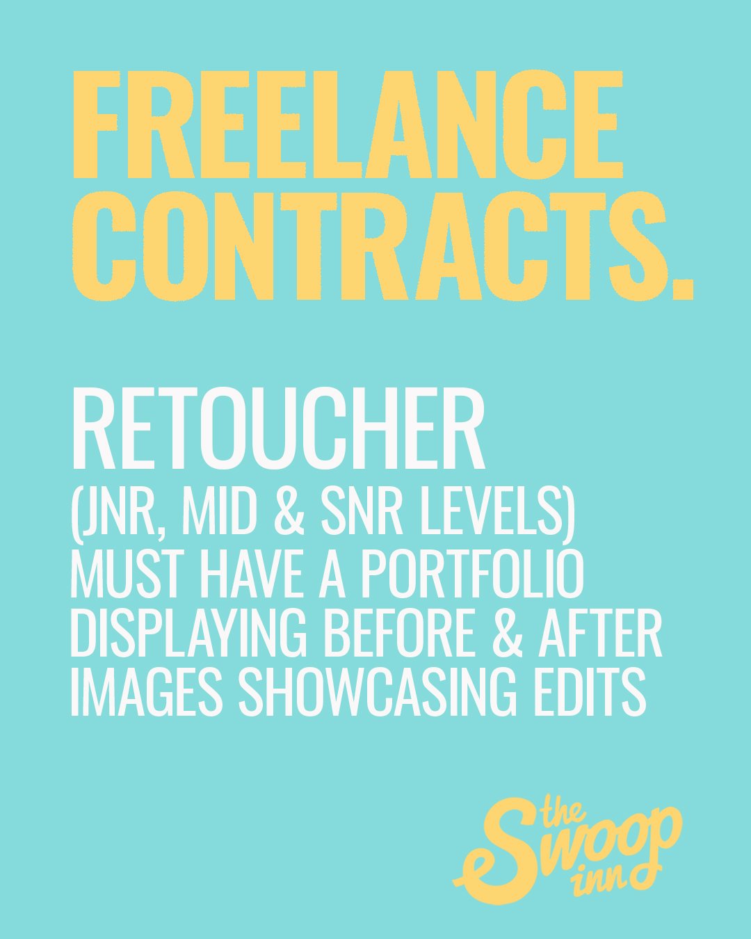 Now hiring Retouchers (junior, mid &amp; senior) for freelance creative contracts.
Check out our jobs page for more... https://theswoopinn.com/jobs