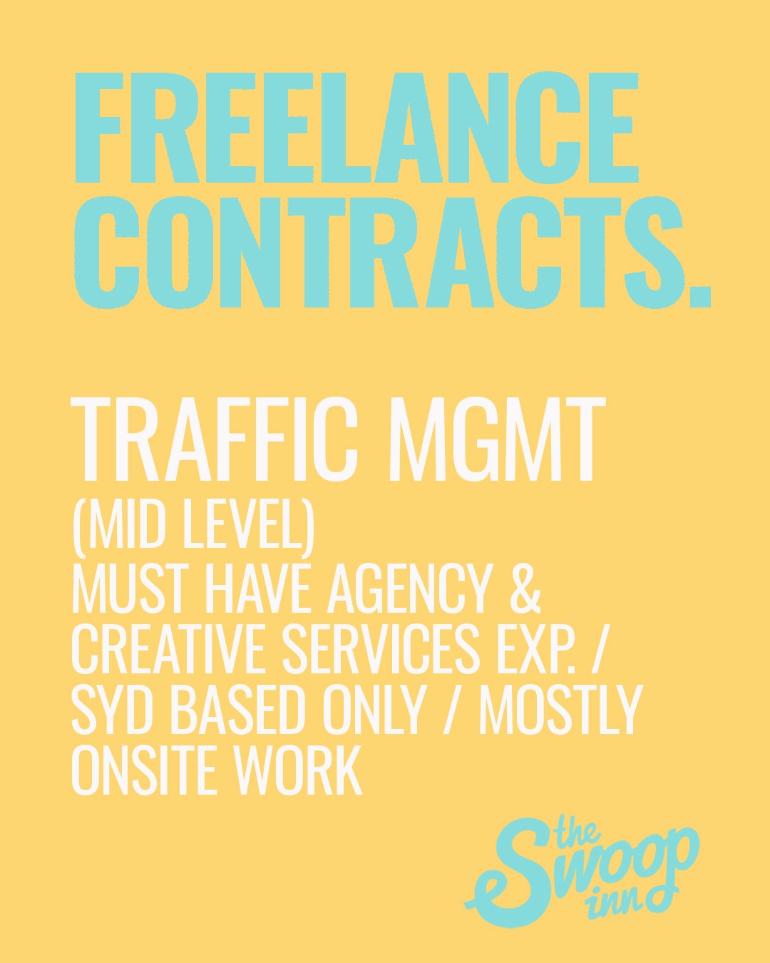 Now hiring Traffic Managers (mid level) for freelance creative contracts.
Check out our jobs page for more... https://theswoopinn.com/jobs