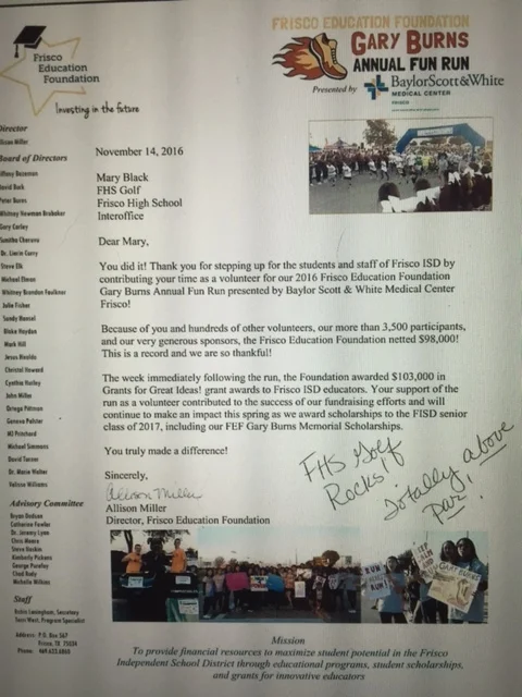 Just wanted to share with the teams and parents the thank you letter that we received for volunteering at the Gary Burns Fun Run!