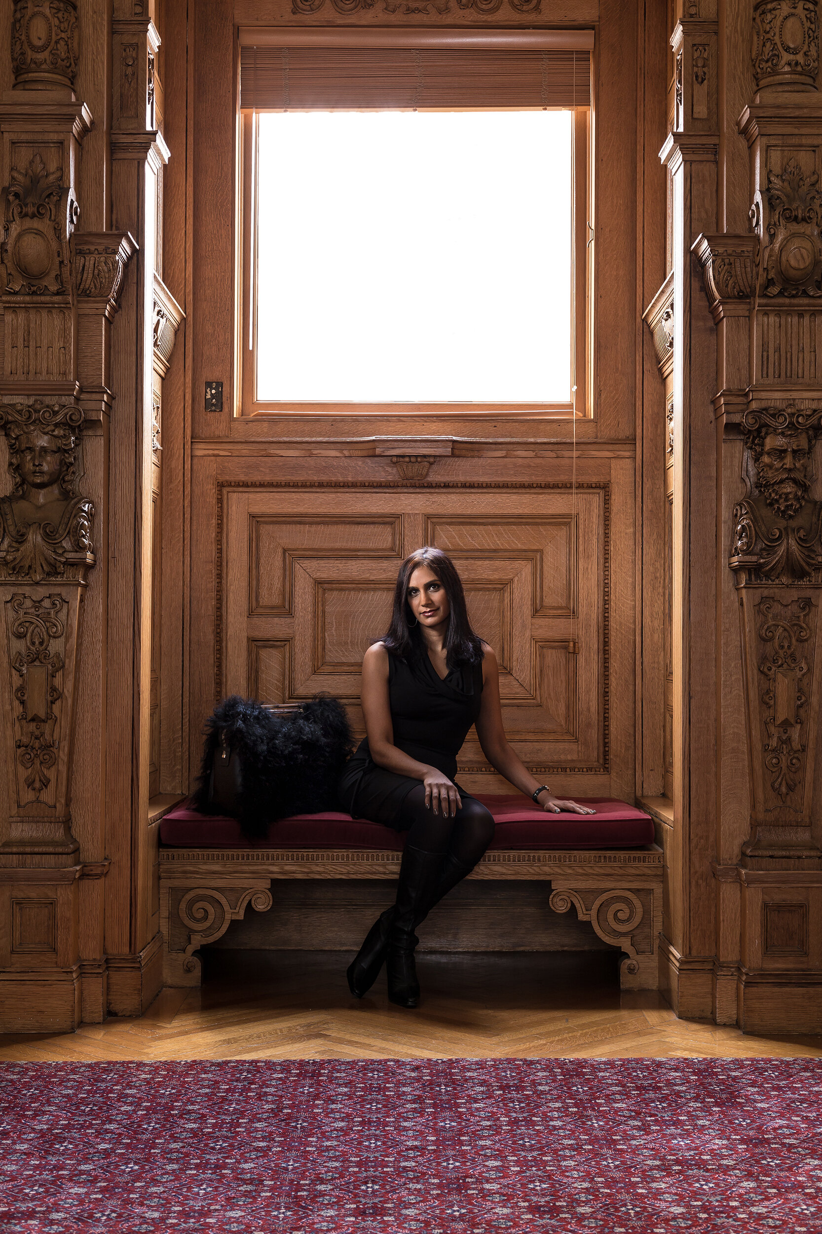 Asha Rangappa with her Harlen Modern Careerpiece - Line in Tibetan Fur - at Yale