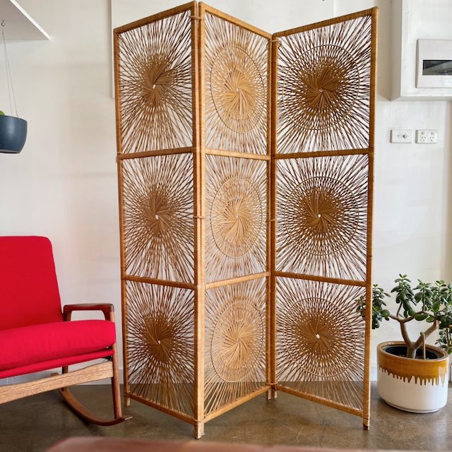 Sunburst cane rattan room divider