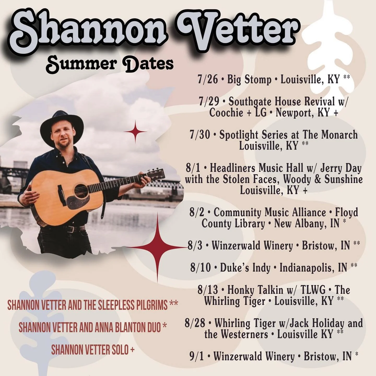 Happy to announce the rest of my summer shows! 
It&rsquo;s been a busy spring and summer so far and I&rsquo;m so grateful for everyone who&rsquo;s come out to see me play. 

July 26th Shannon Vetter and the Sleepless Pilgrims -  @thebigstompfest - Br