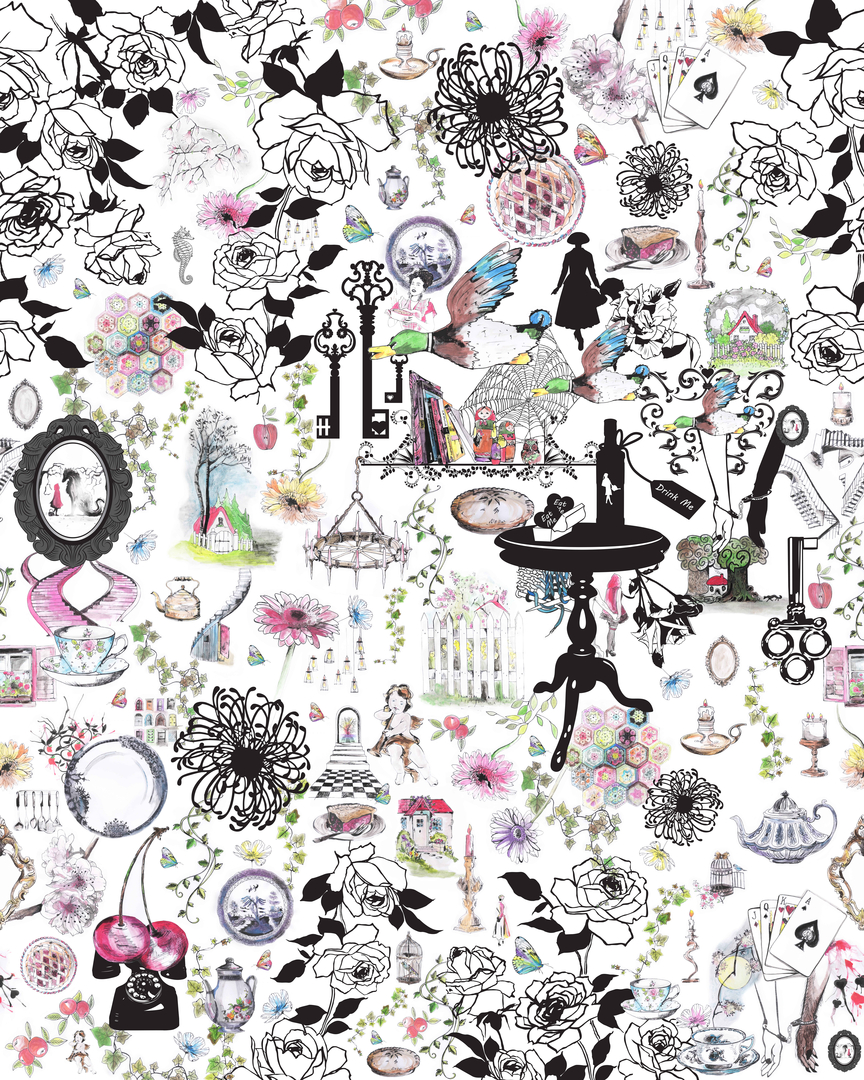 Farmers Daughter Hotel, LA, CA, USA /// Red and the Wolf Within - Female Restroom /// Mural repeats left to right wallpaper print /// 122 x 155 cm 