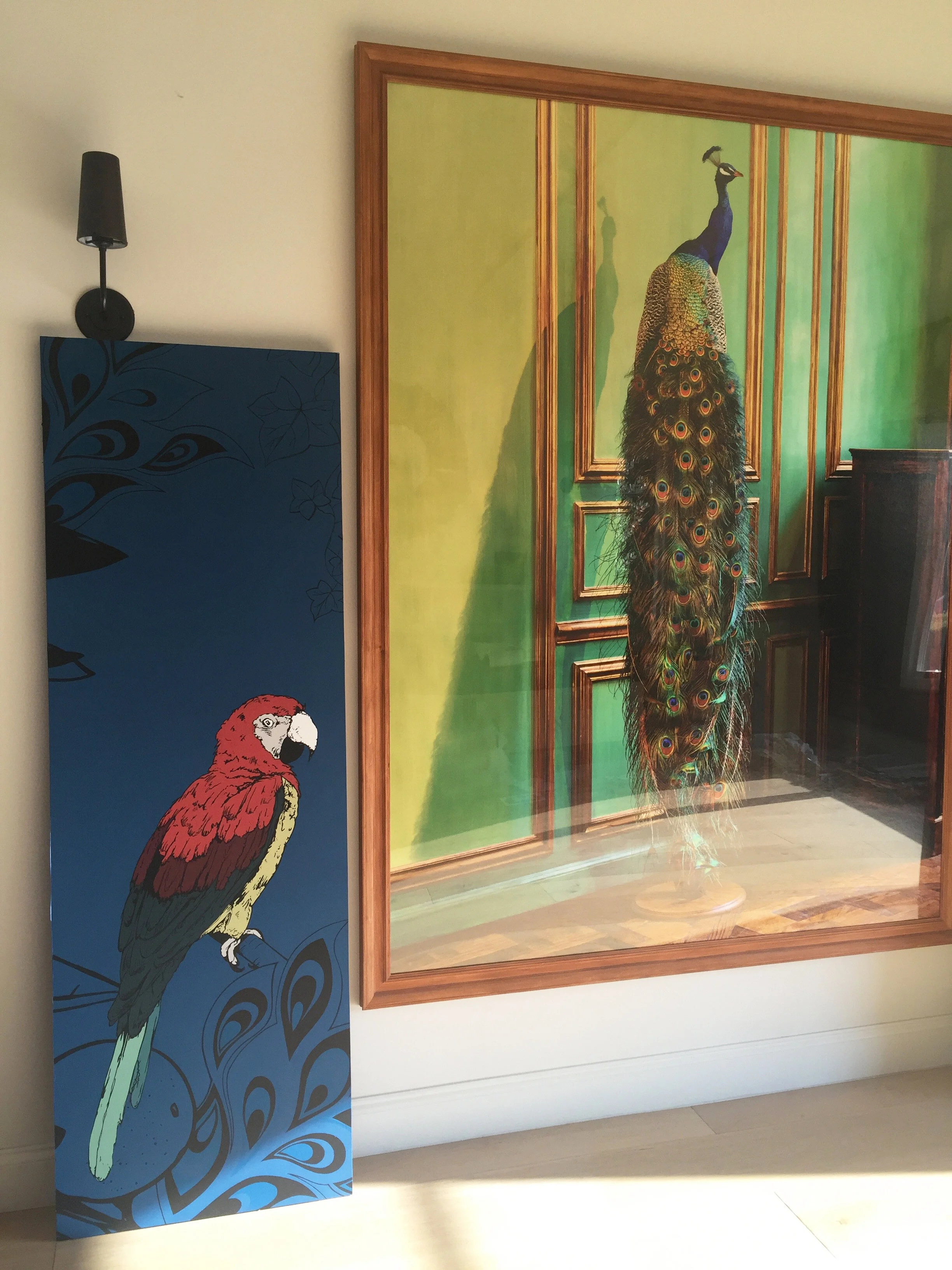 This was after the delivery to the client. The oversized parrot next to the original inspiration The Peacock Photograph. At this stage all panels are handed over to the meticulous new woodworker Jack Richardson. He will hinge, frame and add feet to the bottom. TBC…