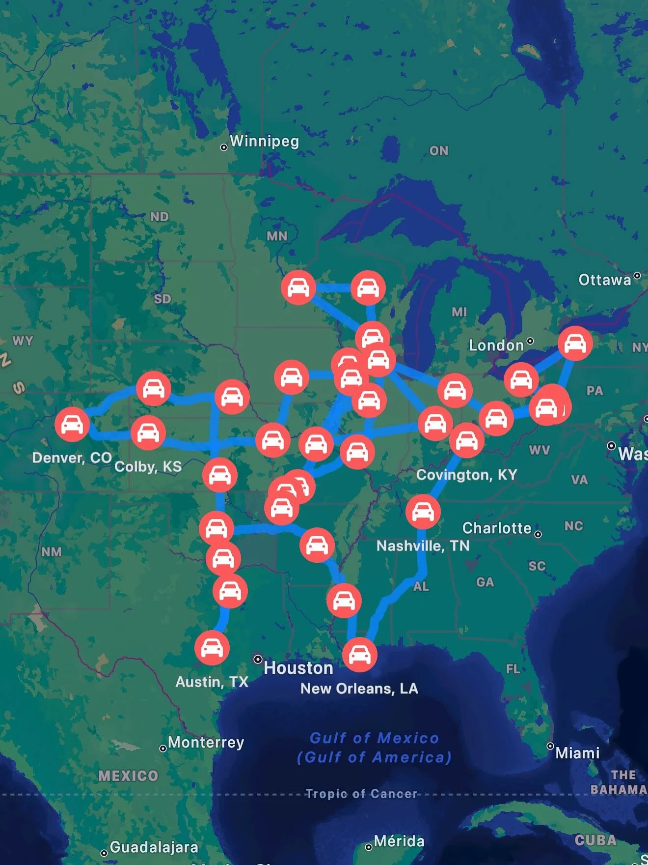 Back in Nashville after a great show last night in Covington, KY (Cincinnati). 

We&rsquo;ve reached the half way point in the tour and this map shows the gigs/travel I&rsquo;ve done in the past 5 weeks. 

-9000 miles driven (145 hours) 

The road is