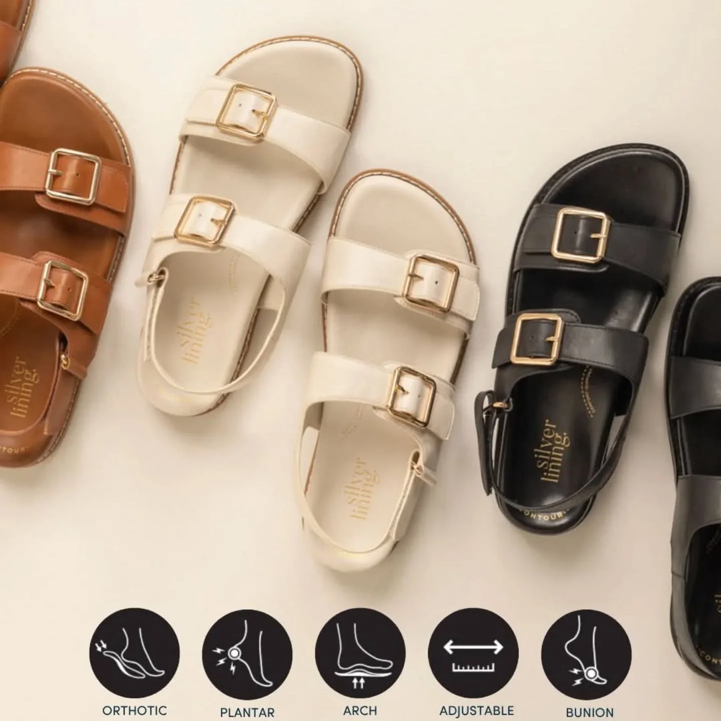 The Luxe Comfort Collection has landed from #silverliningshoes ☁️✨

Contemporary Silver Lining sandal FITZROY features Stratiform heel-to-toe cushioning and raised arch and metatarsal support to keep you comfortable all day.

FITZROY is available #in