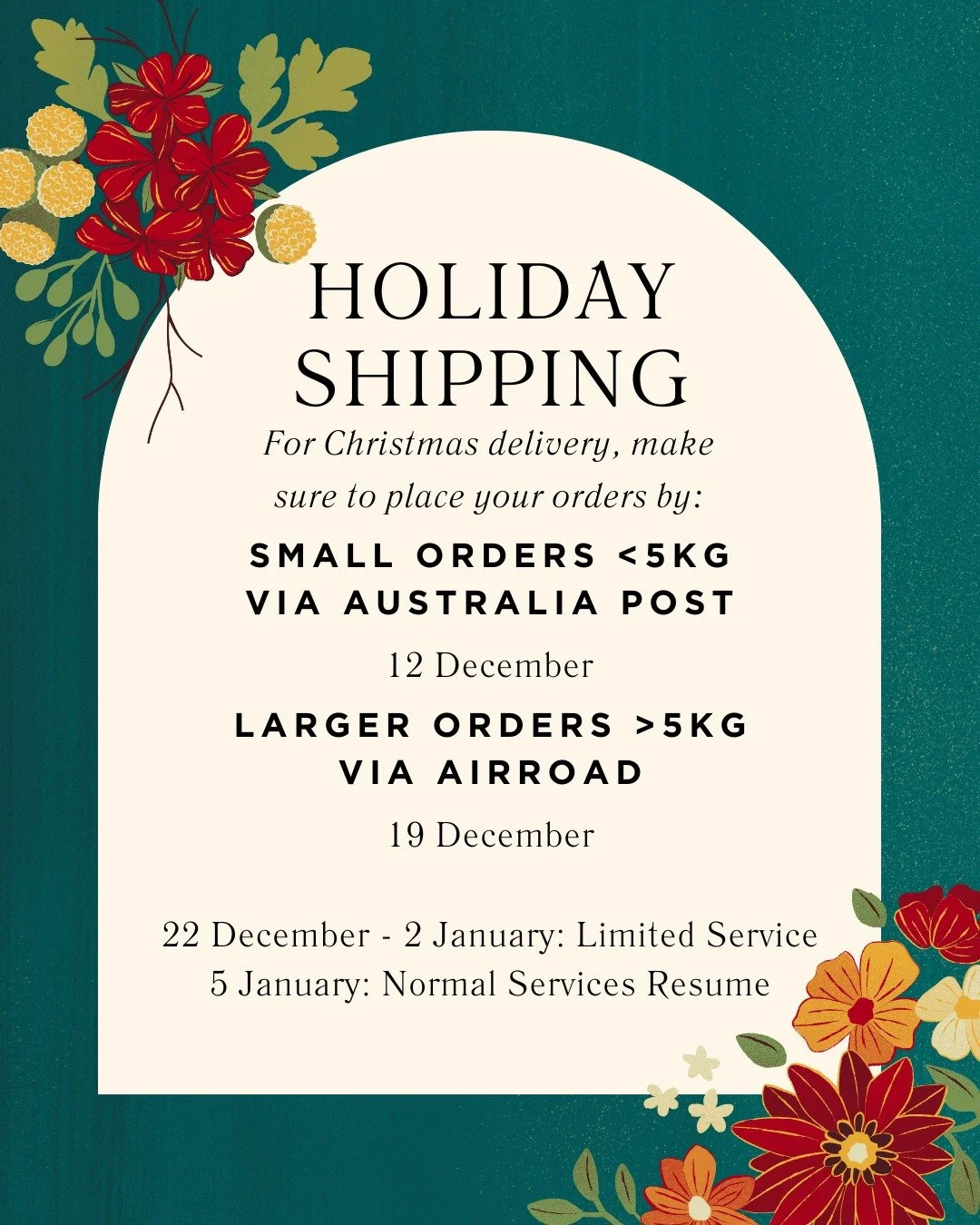 🚚🎄 Holiday Shipping Cut-Offs Are Here!
To make sure your goodies arrive in time for Christmas:

📦 Small orders (<5kg) via Australia Post: 12 December
📦 Larger orders (>5kg) via Airroad: 19 December

Get those orders in early and avoid disap