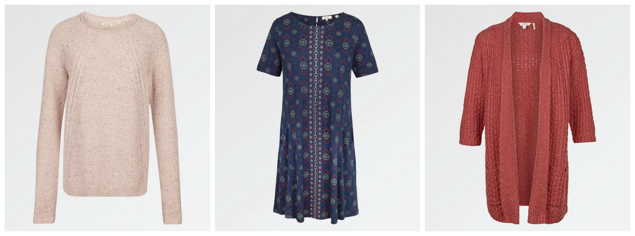  Leona Cable Jumper £39.50 , Simone Folk Geo Dress £40.00 , Hepburn Edge to Edge Cardigan, £49.50