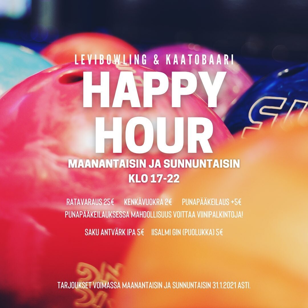 Tule ja hy&ouml;dynn&auml; Happy Hour -tarjoukset keilahallilla ja Kaatobaarissa sunnuntaisin ja maanantaisin klo 17-22! Muista my&ouml;s punap&auml;&auml;keilaus, jos haluat p&auml;&auml;st&auml; nauttimaan viinipalkinnoista🍷

#levibowling #kaatoba