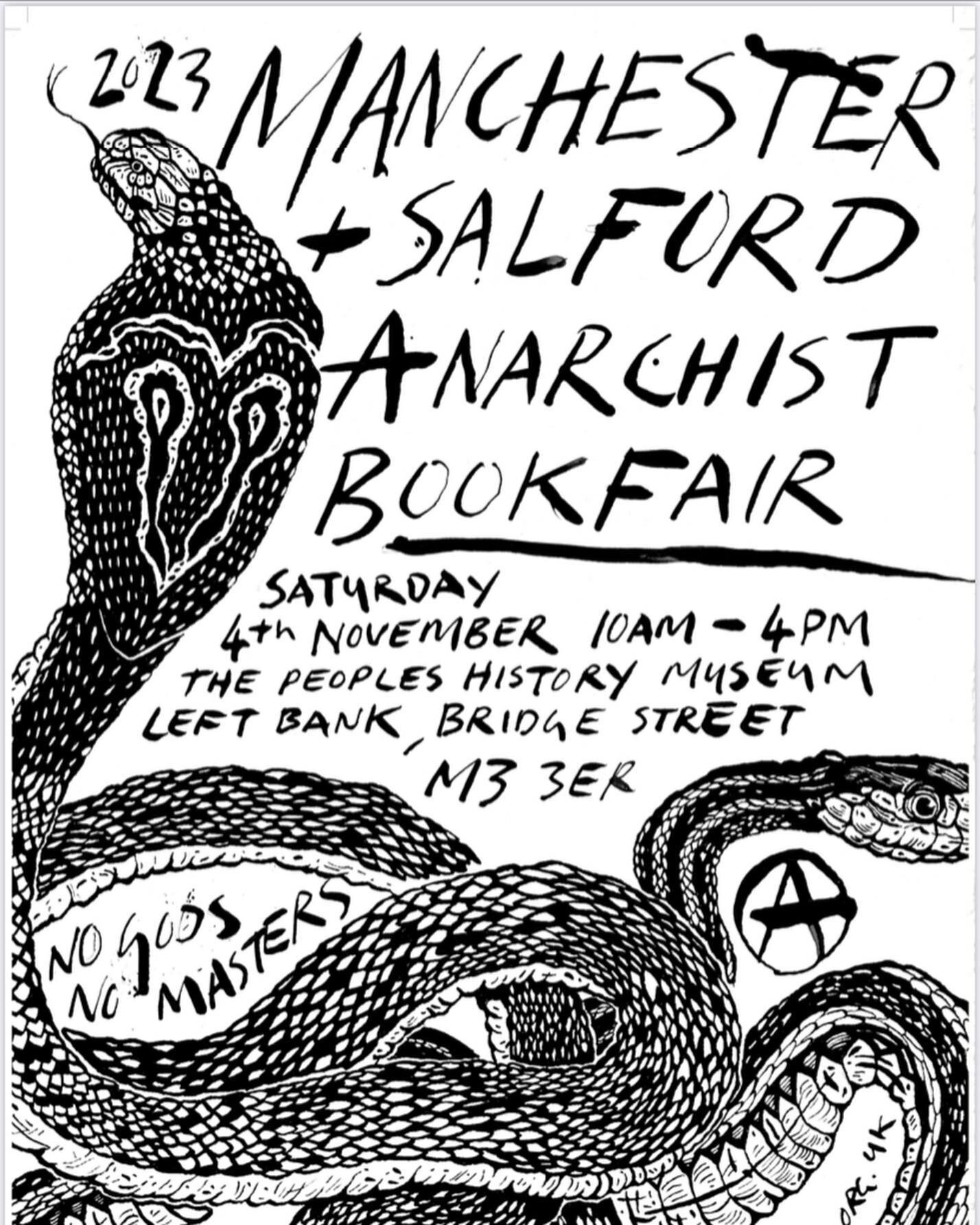 Save the date! Poster + flyer design for The Manchester &amp; Salford Anarchist Bookfair 🖤🖤🖤