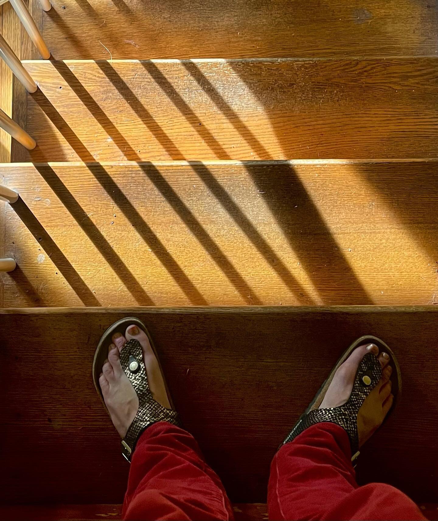 The light this time of year hits in surprising ways, from the stairs to the sandal to the toe polish. It&rsquo;s only 2:30 and the sun is awfully close to the horizon so every little slice and drop is appreciated. #goandfindthelight
