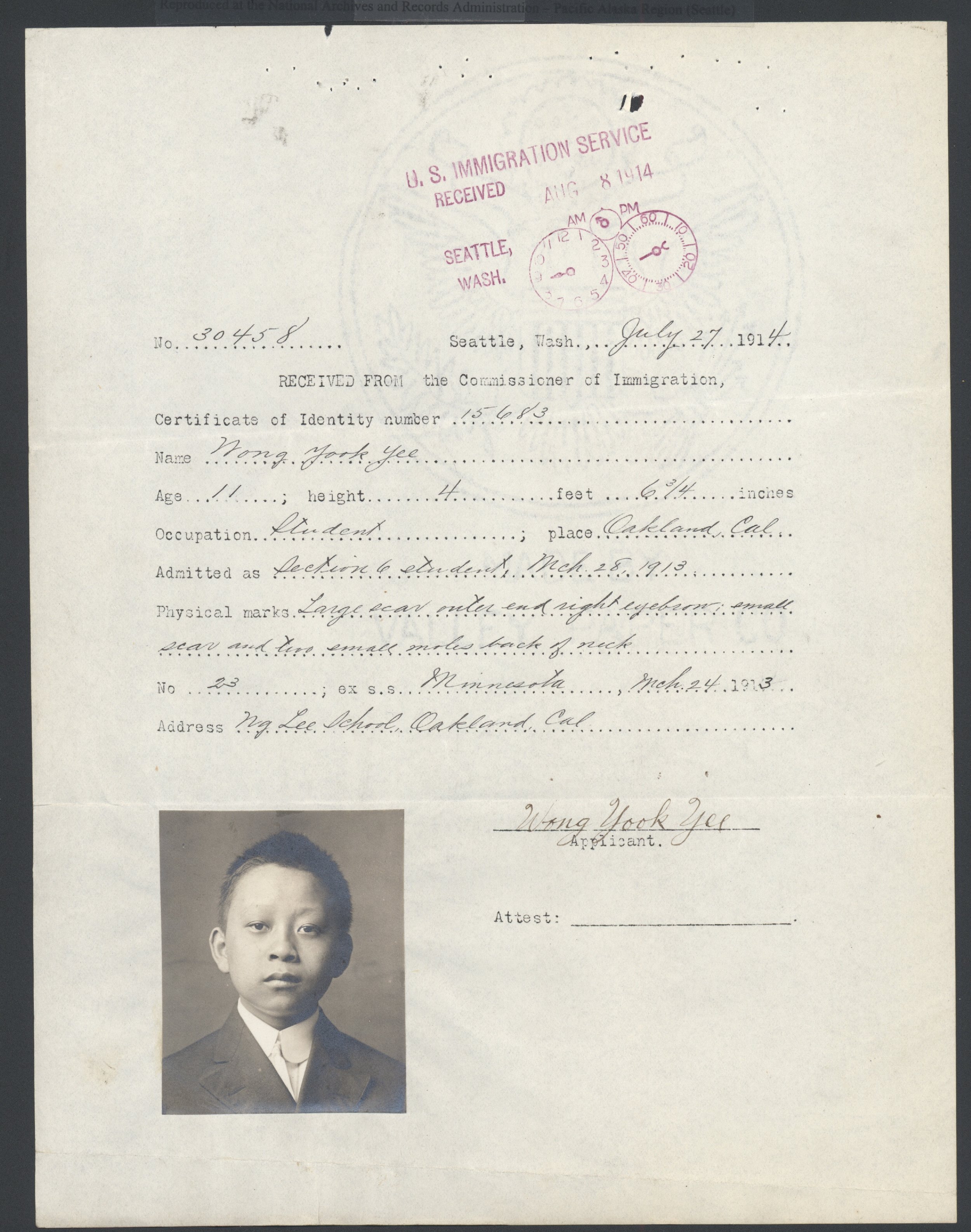 Childhood photo of Y.Y. Wong from immigration papers, 1914. Image courtesy Alexander Jay.