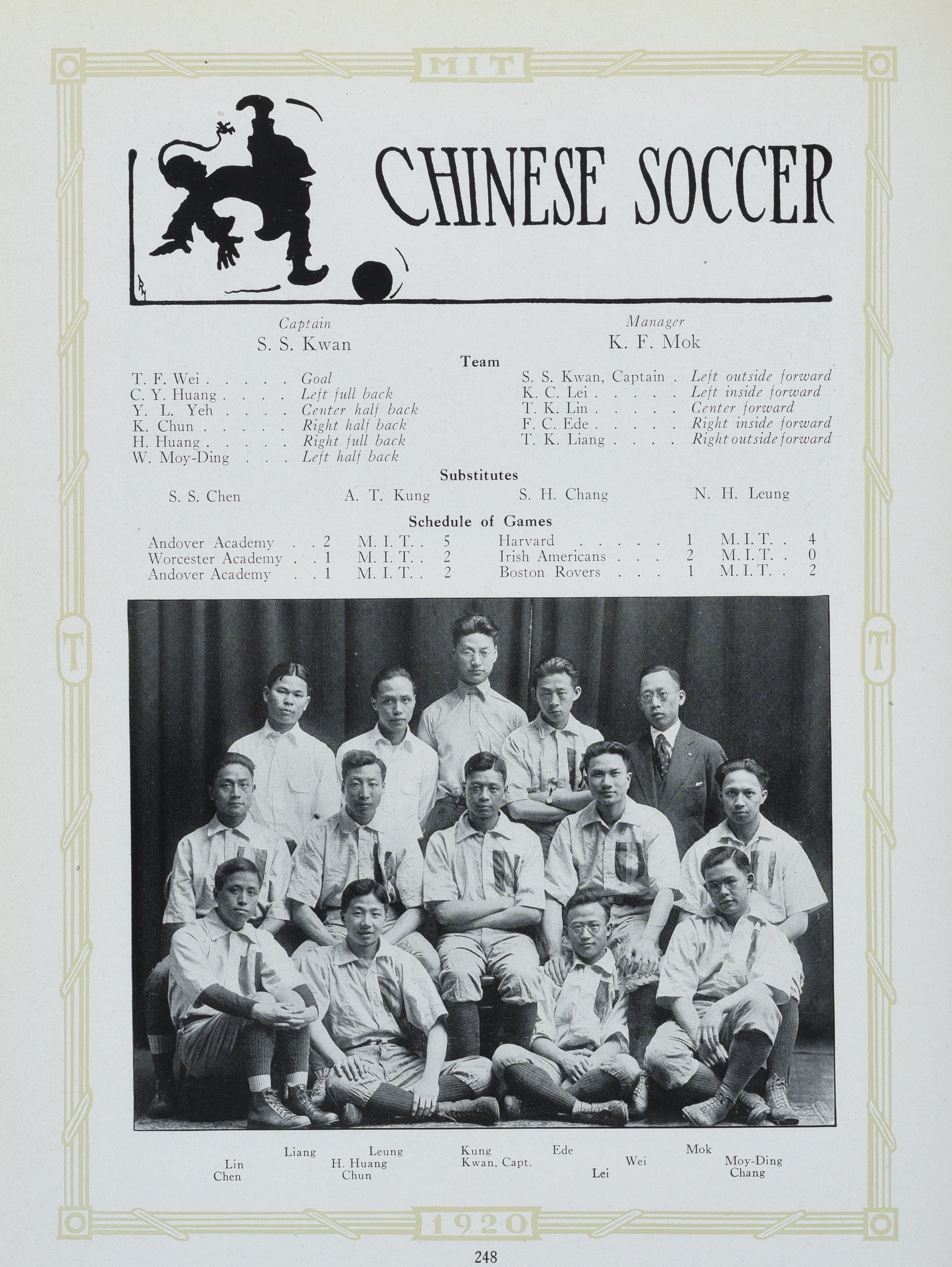 Chinese Soccer Team from MIT Technique 1920. Image courtesy MIT Archives and Special Collections.
