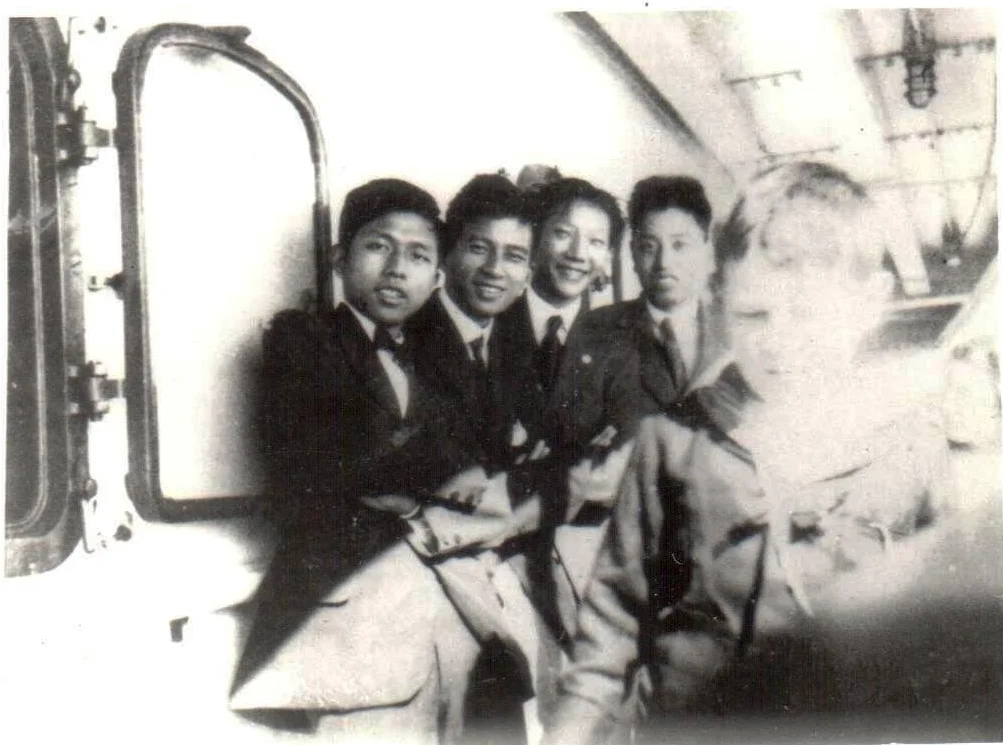 This snapshot shows four young men, three from Nanxun, aboard the SS Nanking, bound for the US in fall 1919. My father is on the left. Pau Ting KWE (second from left) and Jiuxiang ZHANG (right), friends from Nanxun, also attended MIT.
