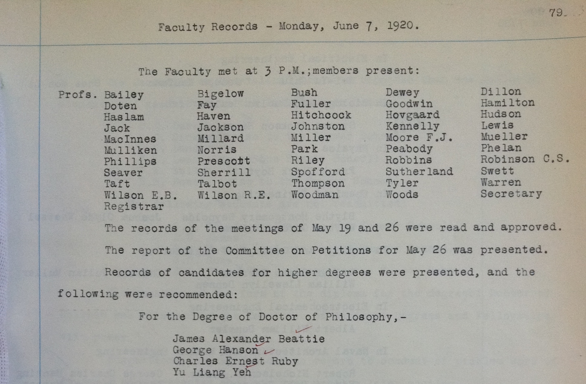  MIT Faculty Records, Monday, June 7, 1920, 79. Courtesy MIT Archives and Special Collections.